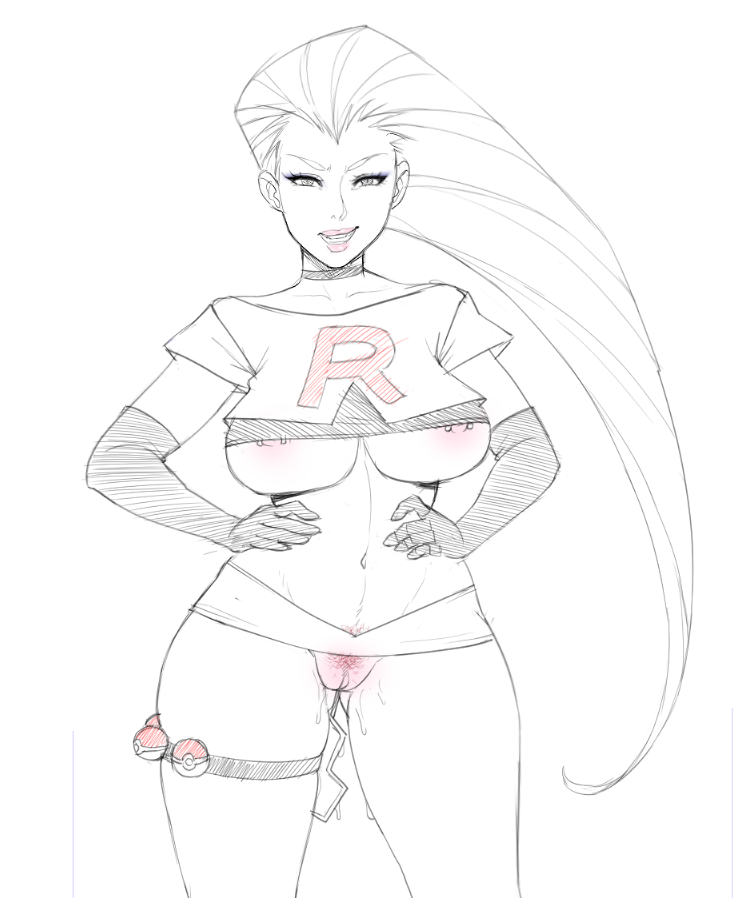 1girls alternate_costume bullet_vibe choker elbow_gloves exposed_nipples exposed_pussy eyeshadow female female_only hands_on_hips jessie_(pokemon) legoman lipstick long_hair monochrome nipple_piercing nipples pokemon pubes pubic_hair red_hair red_pubic_hair sketch solo team_rocket underboob vibrator