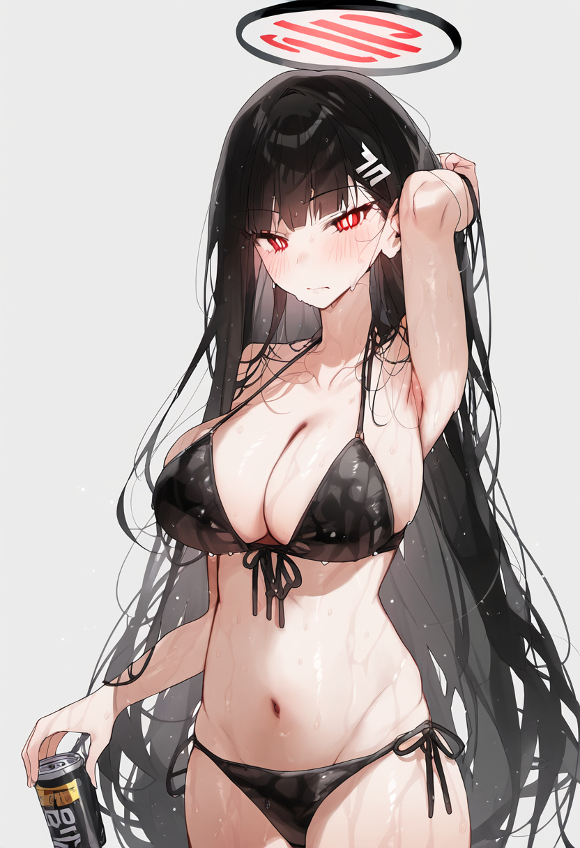 ai_generated akyoi bikini black_bikini black_hair red_eyes rio_(blue_archive) soda very_long_hair wet_bikini wet_body white_pupils