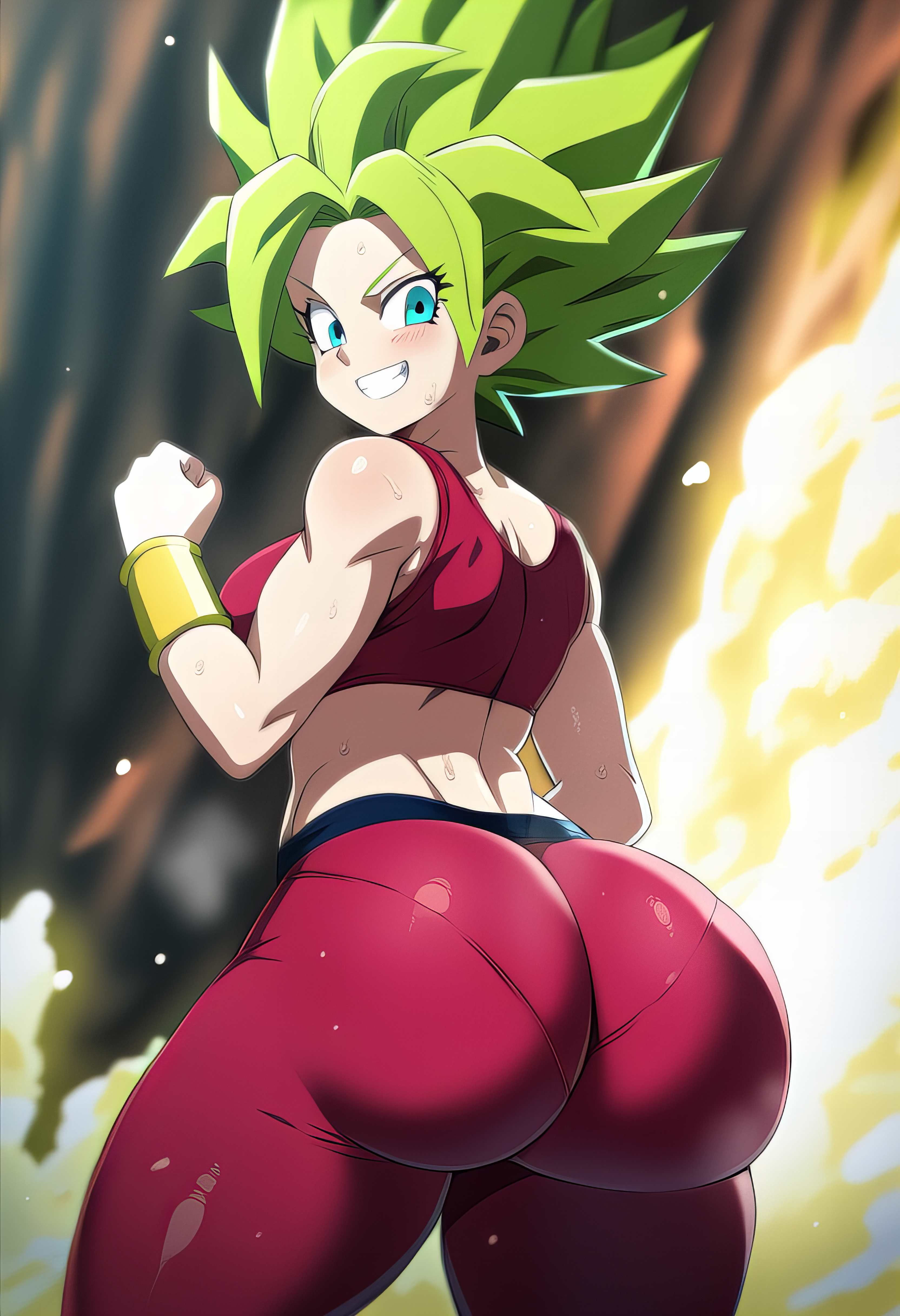 1girls, ai generated, ass, back view, big ass, big butt, blue eyes, bubble ass, bubble butt, clothed, clothed female, clothing, dragon ball, dragon ball super, eyebrows, eyelashes, fat ass, fat butt, female, female only, from behind, green hair, grin, huge ass, huge butt, kefla, legs, looking at viewer, novelai, round ass, round butt, solo, solo female, standing, sweat, sweatdrop, sweating, sweaty body, thick ass, thighs