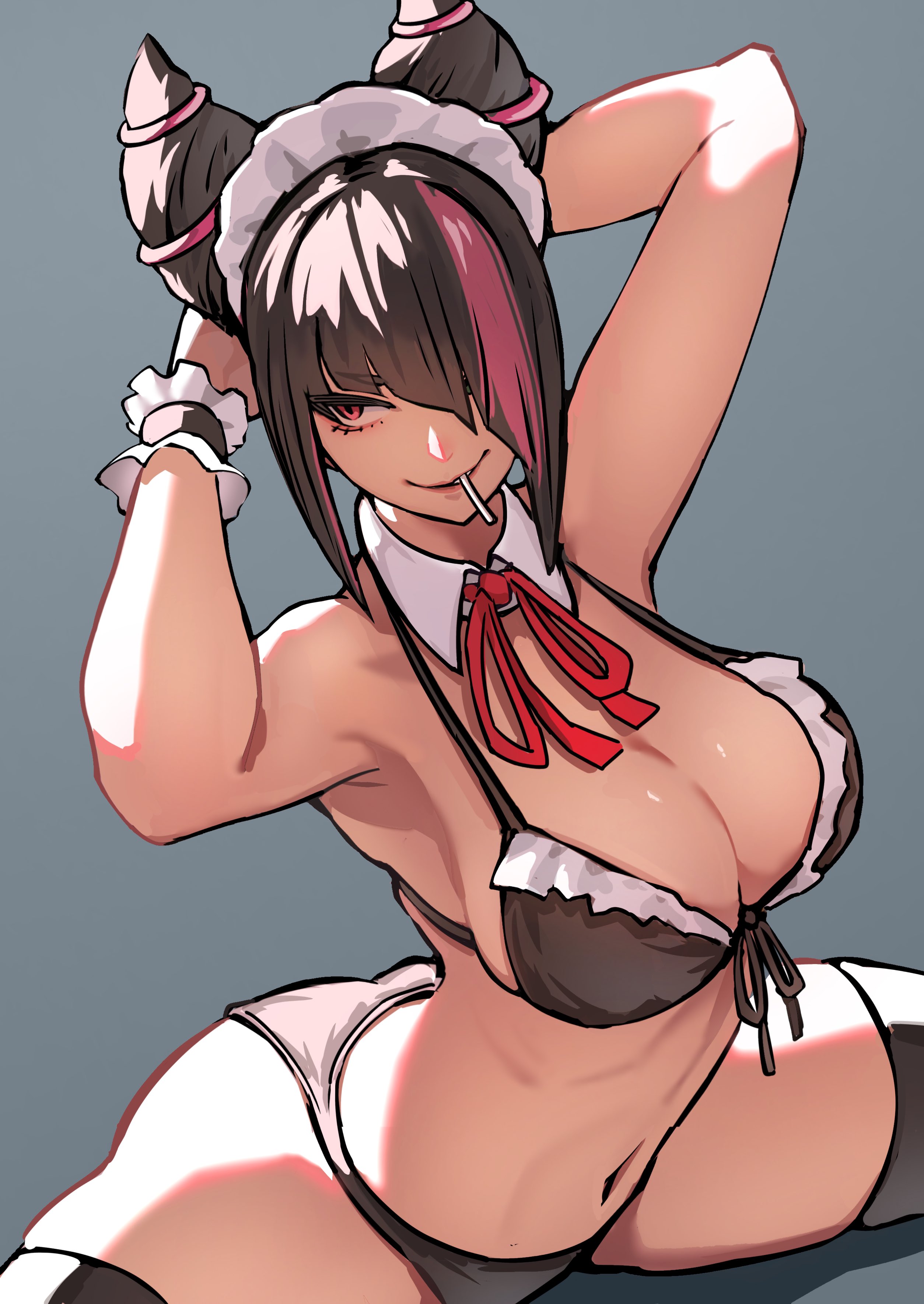 armpit, armpits, arms behind head, arms up, ass, breasts, evil smile, female, juri han, large ass, large breasts, legs apart, looking to the side, maid bikini, maid headdress, object in mouth, smile, street fighter