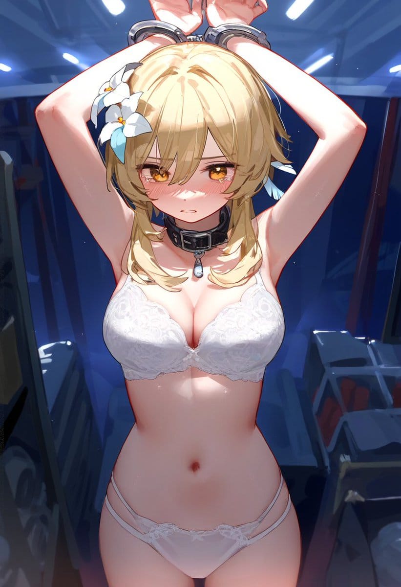 1girls, ai generated, armpits, belly button, bikini, blonde hair, bondage, breasts, collar, female, female only, flower in hair, genshin impact, handcuffed, handcuffs, lumine (genshin impact), medium breasts, orange eyes, pixma, solo, string bikini, string panties, tagme, white bikini
