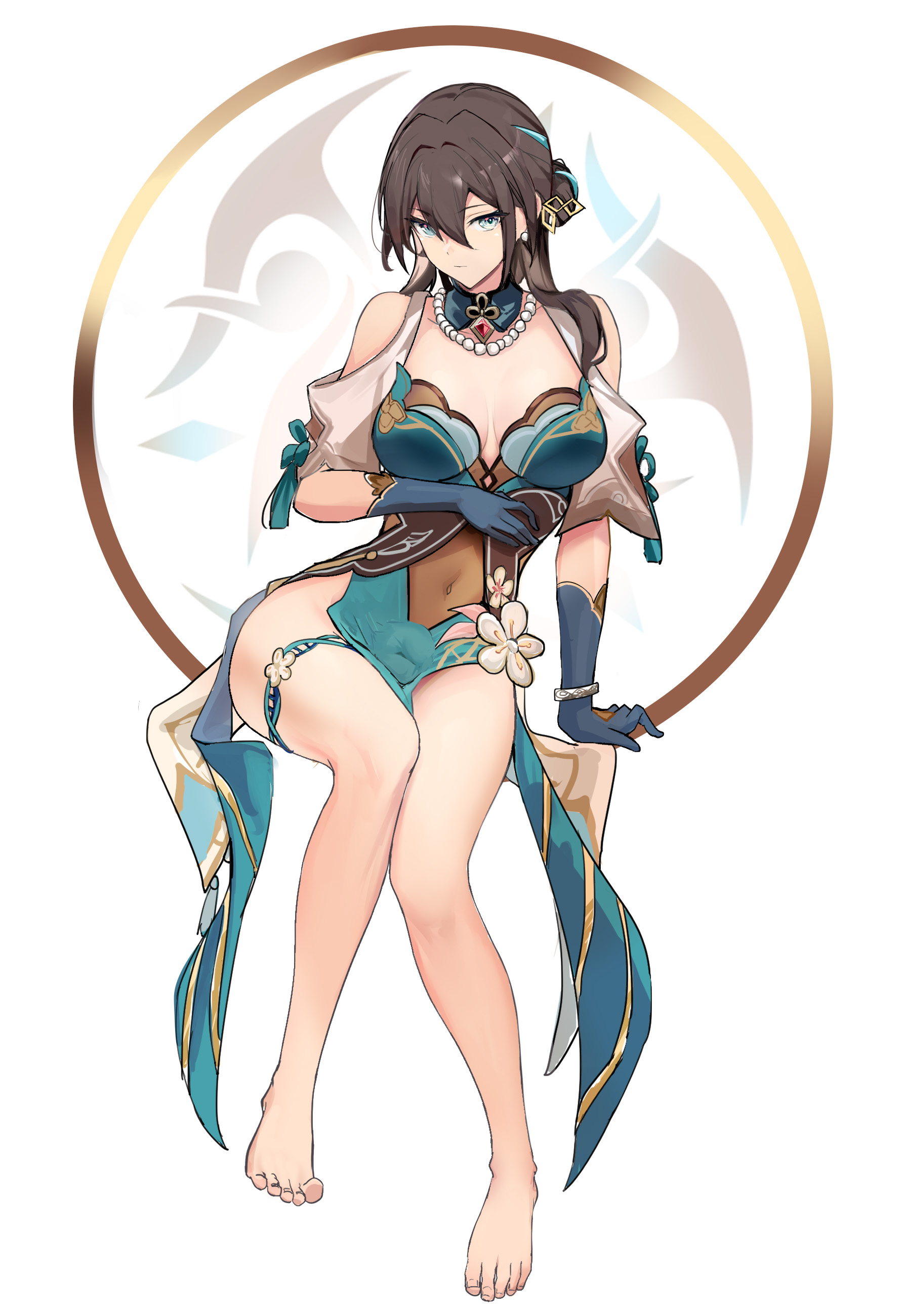 1futa, balls, black hair, breasts, clothed, clothing, flaccid, fully clothed, futa only, futanari, hi res, honkai: star rail, human, intersex, light skin, light-skinned futa, long hair, nebaneba, penis, ruan mei (honkai: star rail), sitting, solo