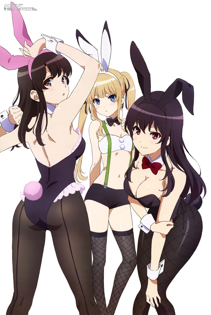 3girls armpits ass back bare_arms bare_belly bare_shoulders belly_button big_breasts black_eyes black_hair blonde_hair blue_eyes blush breasts bunny_ears bunny_tail bunnysuit cleavage female female_only fishnets kasumigaoka_utaha katou_megumi long_hair megami_magazine mouth_closed multiple_girls official_art open_mouth pantyhose purple_hair saenai_heroine_no_sodatekata sawamura_spencer_eriri sideboob small_breasts smile twintails zettai_ryouiki