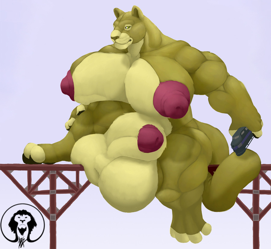 anthro balls biceps big_balls big_breasts big_muscles breasts bridge dickgirl extreme_muscles feline futanari huge_balls huge_breasts huge_nipples hyper hyper_balls intersex lion macro mammal muscular muscular_legs nipples partially_sheathed pawpads paws pink_nipples railroad solo thick_thighs train triceps urethra vehicle xatanlion