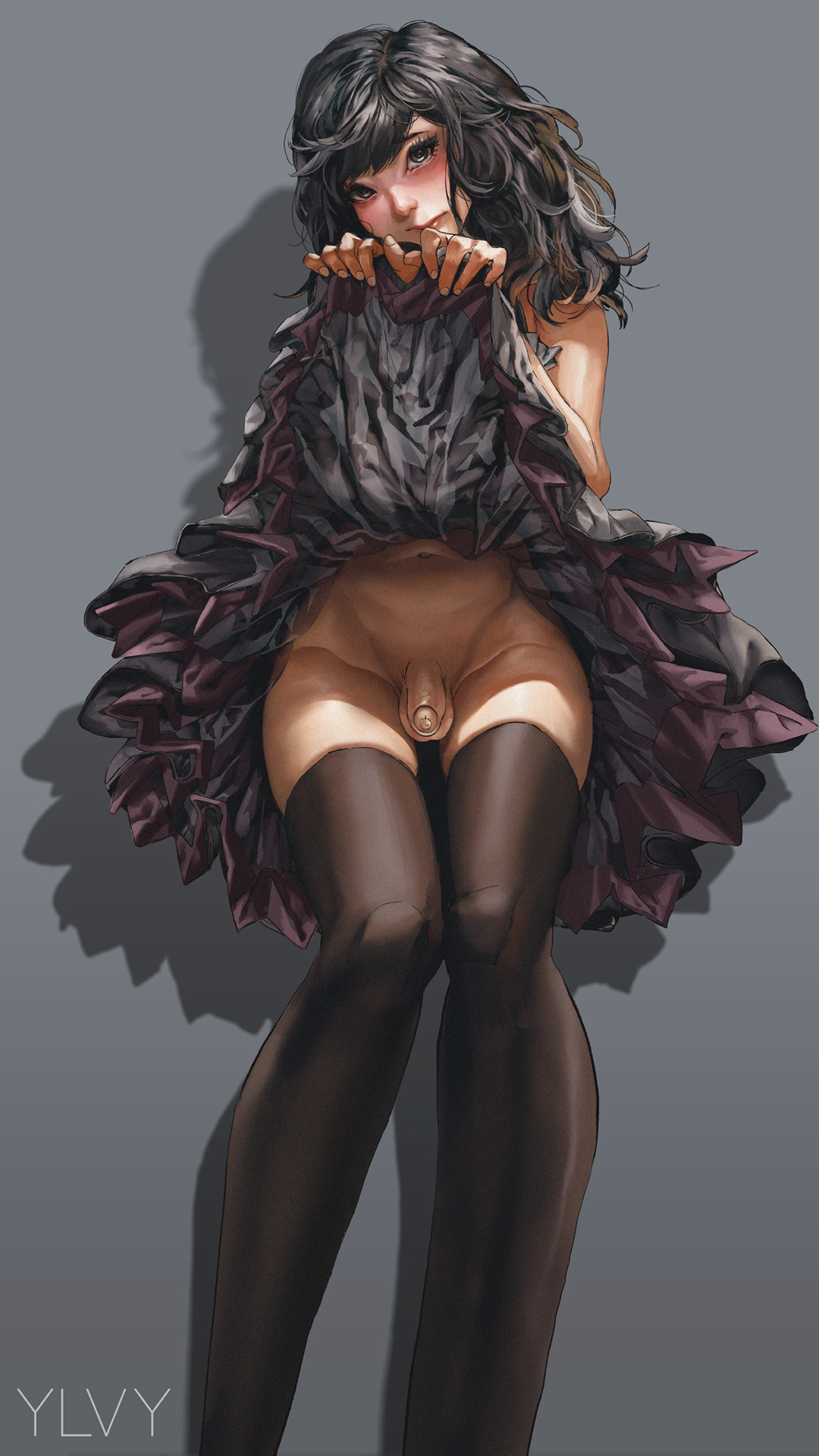 1boy, black hair, blush, bottomless, crossdressing, femboy, male, male only, no panties, original character, otoko no ko, penis, precum, shy, skirt, skirt lift, small penis, solo, stockings, thighhighs, thighs, ylvish (ylvy)
