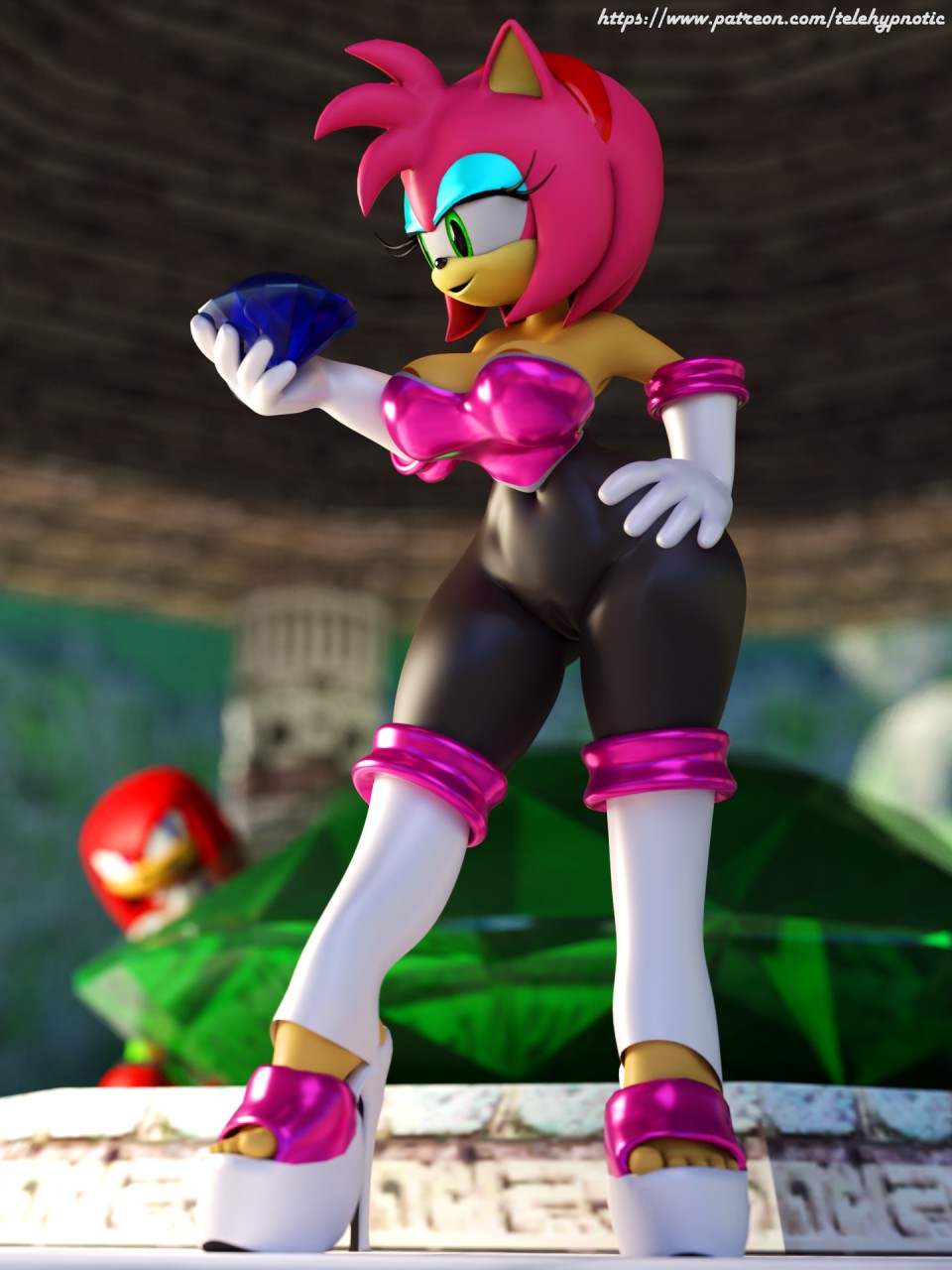 3d amy_rose amy_the_bat anthro anthro_only bodysuit breasts chaos_emerald curious curvy_female heels knuckles_the_echidna neckline rouge_the_bat_(cosplay) sonic_(series) spandex_suit telehypnotic tights