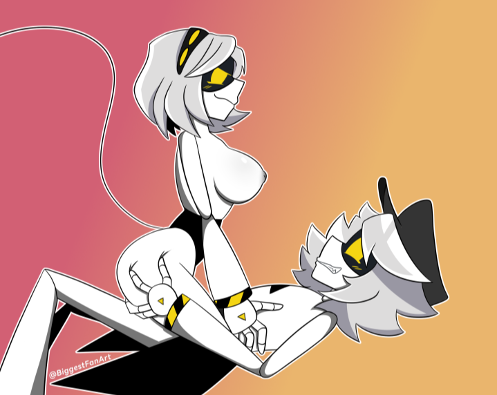 1boy 1girls ass_grab big_ass biggestfanart blush cap cowgirl_position during_sex hat medium_breasts murder_drones n_(murder_drones) nervous nervous_smile no_dialogue robot robot_boy robot_girl robot_humanoid sex silver_hair tagme tail v_(murder_drones) yellow_eyes