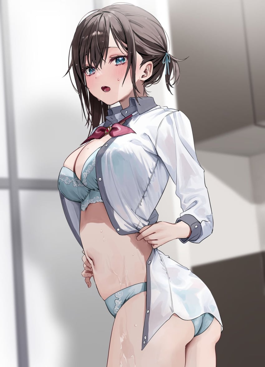 ass bare_belly bare_legs bare_thighs belly_button big_breasts black_hair blue_bra blue_eyes blue_panties blush bra breasts chigusa_minori cleavage full_color futago_matomete_kanojo_ni_shinai? hair_ribbon novel_illustration official_art open_mouth panties sweatdrop thighs unbuttoned_shirt underwear undressing usami_chikage wet_body wet_clothes wet_shirt