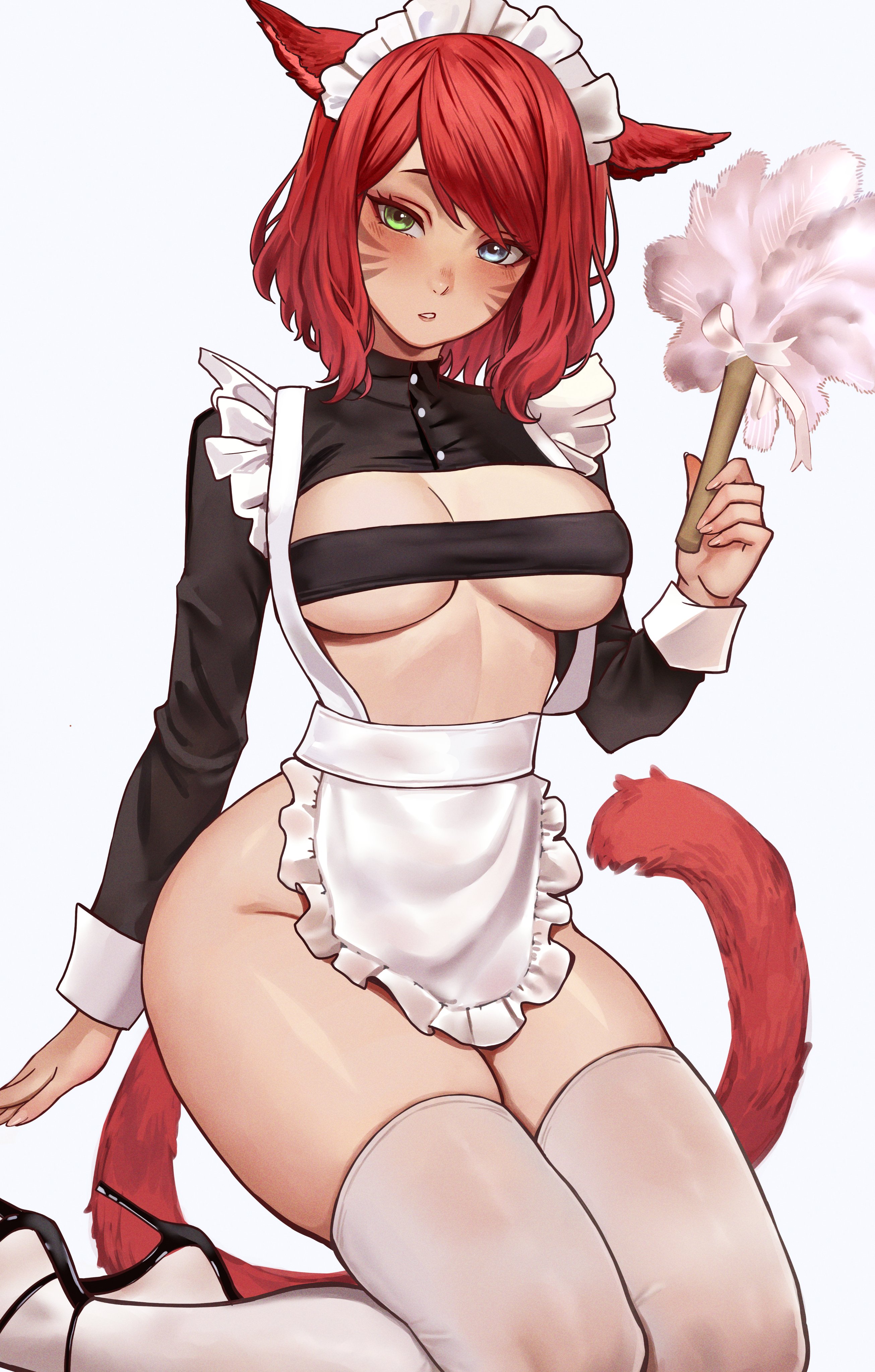 1girls, cat ears, cat girl, cat tail, catgirl, female, final fantasy xiv, heterochromia, maid headdress, maid outfit, maid uniform, meowrim, miqo'te, tight clothing