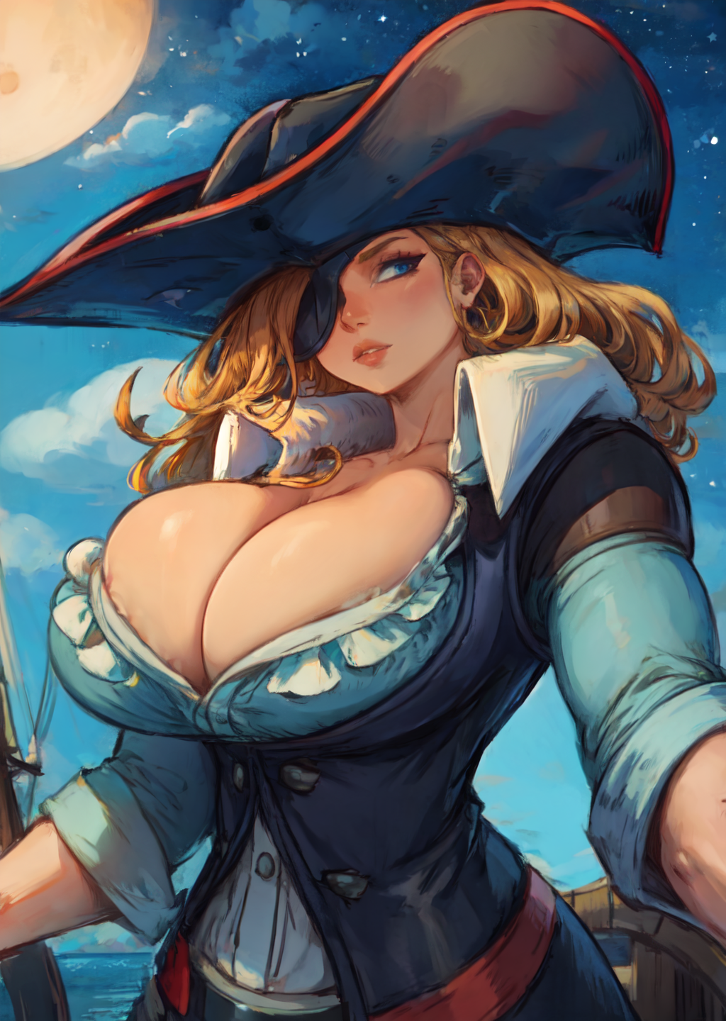 1girls 2d ai_generated big_breasts blonde_hair blue_eyes breasts breasts_bigger_than_head capcom cleavage clothed clothed_female eye_patch female hat huge_breasts large_breasts long_hair marvel_vs._capcom marvel_vs._capcom_2 one_eye_obstructed open_mouth pirate pirate_hat ruby_heart solo source standing tampopo