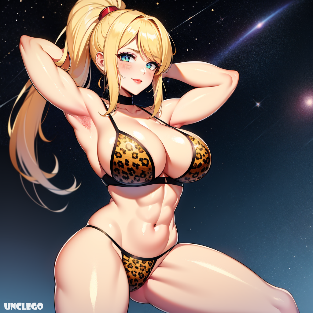 1girls abs ai_generated arm_up armpits big_breasts bikini blonde_hair blue_eyes blush bodybuilder breasts fit_female g-string g-string_bikini huge_breasts leopard_print leopard_print_bikini looking_at_viewer metroid muscular_female ponytail samus_aran self_upload smiling space_background stable_diffusion standing thighs thong thong_bikini unclego