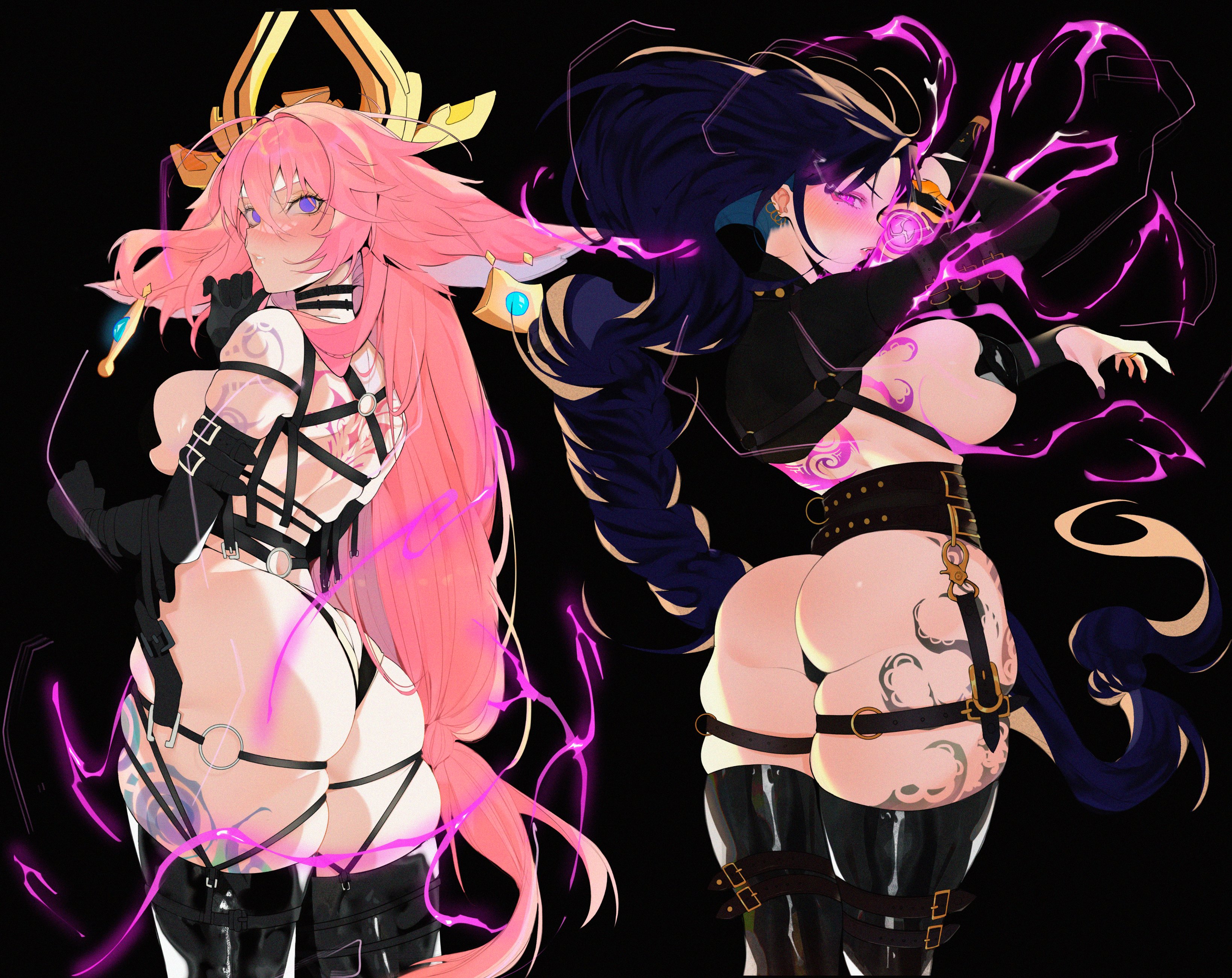 2girls, ass, brashearlushert, female, female only, genshin impact, hi res, pasties, raiden shogun, thigh boots, yae miko