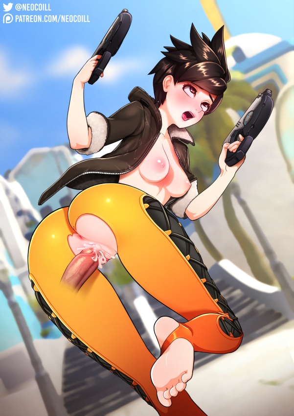 1boy, 1girls, anus, areolae, artist name, ass, barefoot, breasts, brown eyes, brown hair, cameltoe, casual, clothed sex, crotch cutout, cum, cum in pussy, cum inside, disembodied penis, feet, female, firearm, from behind, gun, handgun, human, jacket, looking back, male, neocoill, nipples, open jacket, open mouth, outdoors, outerwear, overwatch, penis, pussy, sex, short hair, soles, spiky hair, straight, toes, tracer, vaginal penetration, weapon, web address