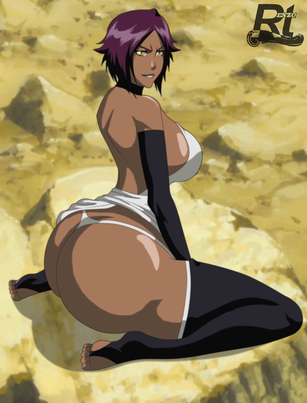1girls, ass, big ass, big breasts, bleach, breasts, dark skin, dark-skinned female, ero-enzo, female, female only, huge ass, rtenzo, shihouin yoruichi, solo, thong