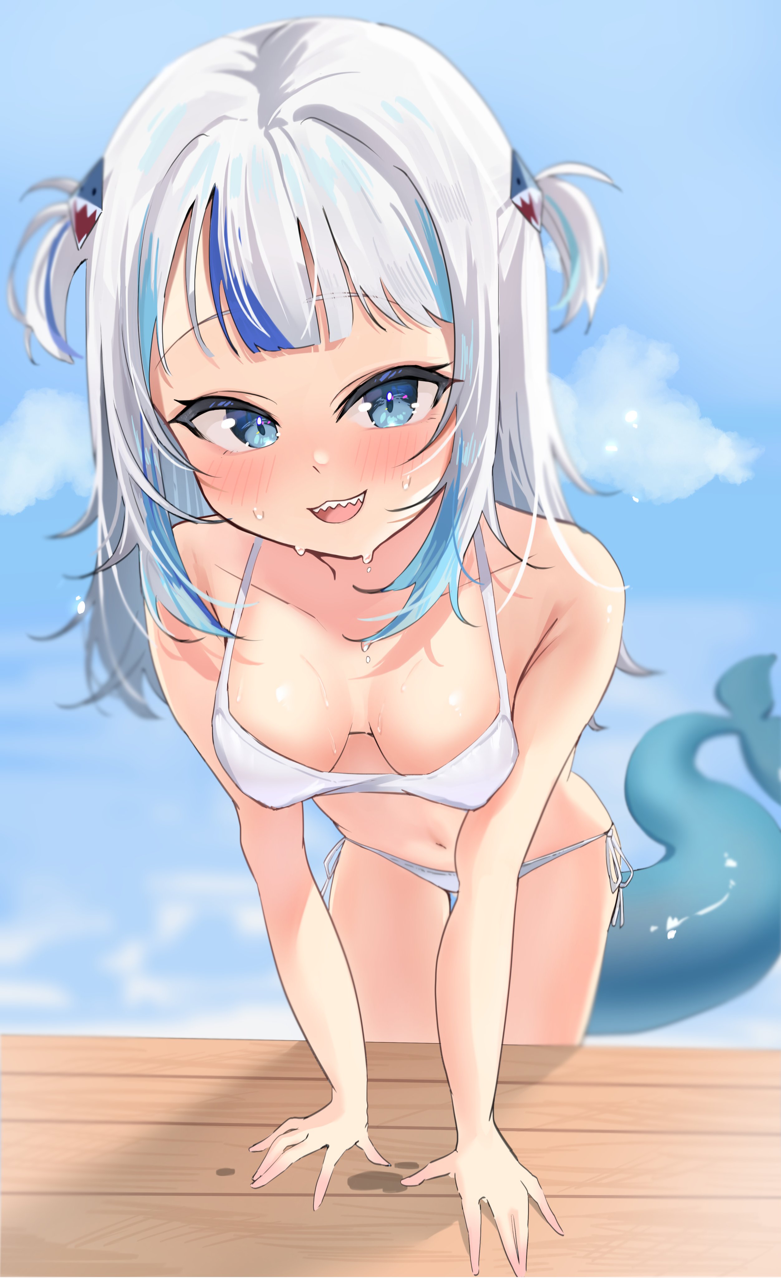 :3d, 1girls, 2d, 2d (artwork), alternate costume, animal tail, bikini, bikini bottom, bikini top, blue eyes, blue hair, breasts, day, female, female focus, female only, front view, gawr gura, hololive, hololive english, hololive myth, light skin, light-skinned female, long hair, looking at viewer, outdoors, petite, petite body, petite female, sharp teeth, slim female, small breasts, smiling, smiling at viewer, solo, solo female, solo focus, summer, swimsuit, thong, thong bikini, two piece swimsuit, two-tone hair, virtual youtuber, vtuber, vtuberfanart, white bikini bottom, white bikini top, white hair