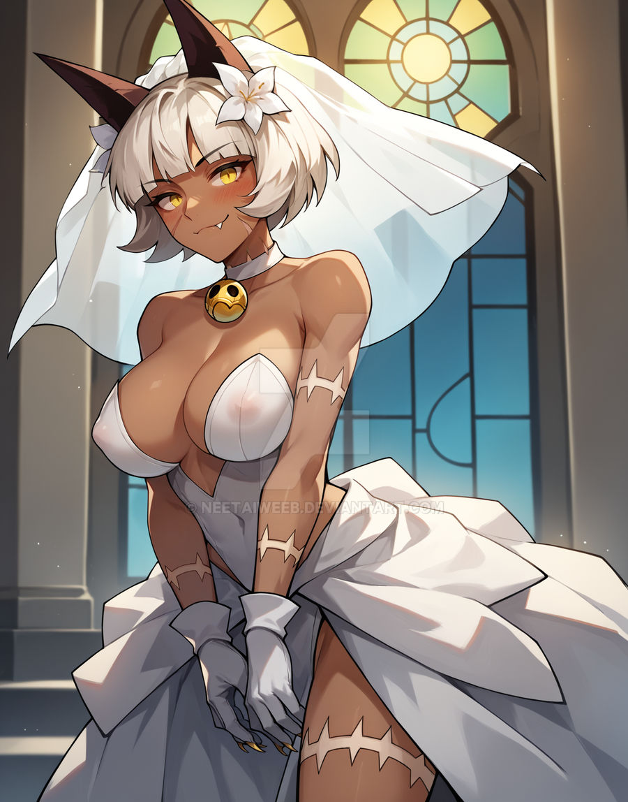 ai_generated bob_cut breasts cat_girl church cleavage dark-skinned_female erect_nipples erect_nipples_under_clothes female looking_at_viewer nadia_fortune neetaiweeb skullgirls smiling solo solo_female wedding_dress white_hair wrong_eye_color yellow_eyes