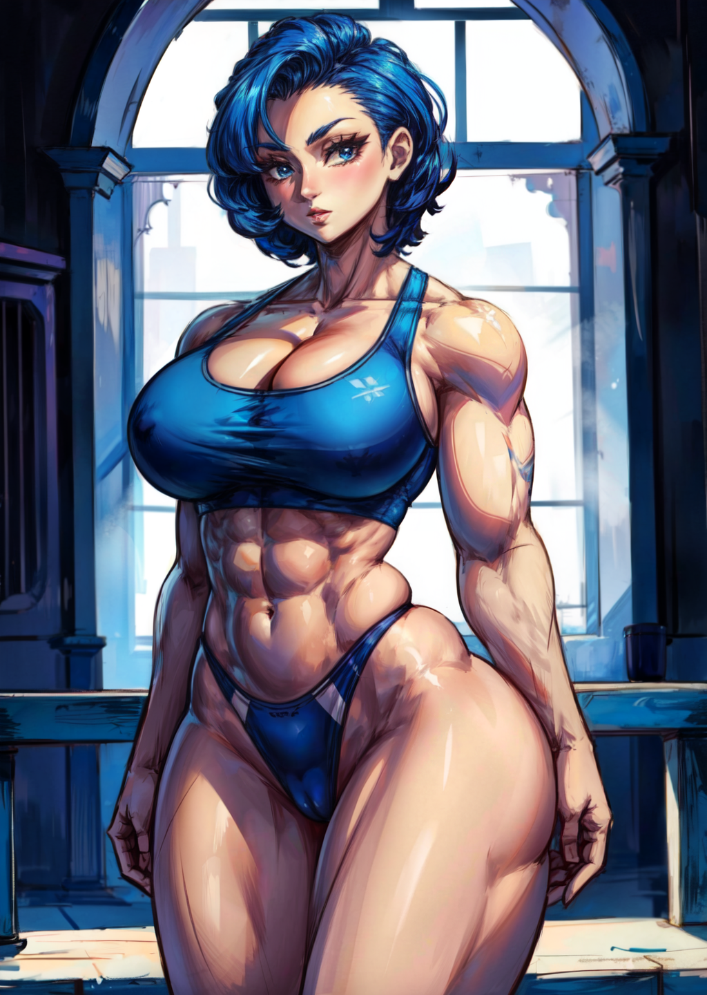 1girls 2d abs ai_generated athletic athletic_female bare_shoulders belly belly_button big_breasts bloomers blue_eyes blue_hair breasts busty_buff cameltoe cleavage female hips looking_at_viewer muscular muscular_female nipple_bulge oc original original_character short_hair solo source sports_bra sportswear standing tampopo thick_thighs thighs wide_hips