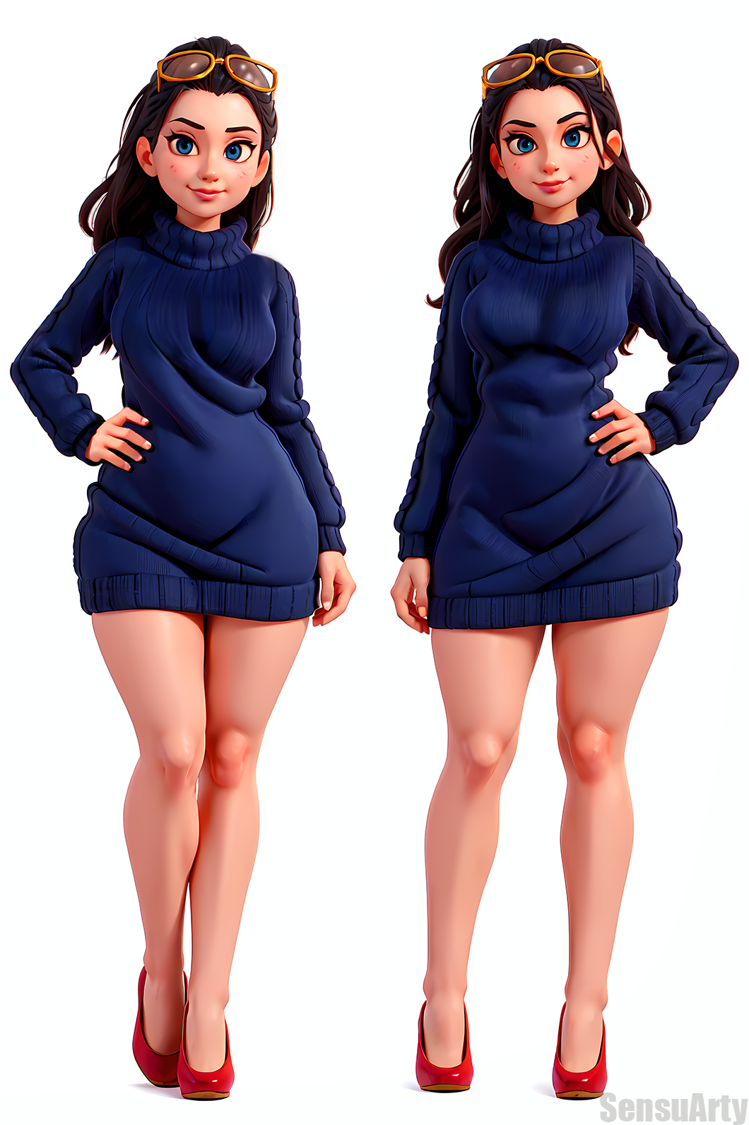 ai_generated black_hair cute dark_hair female female_only glasses hand_on_hip high_heels hips hips_wider_than_shoulders legs long_legs pixar pixar_style pose posing sensuarty small_breasts small_waist thick_ass thick_hips thick_thighs tight_clothes tight_clothing tight_fit