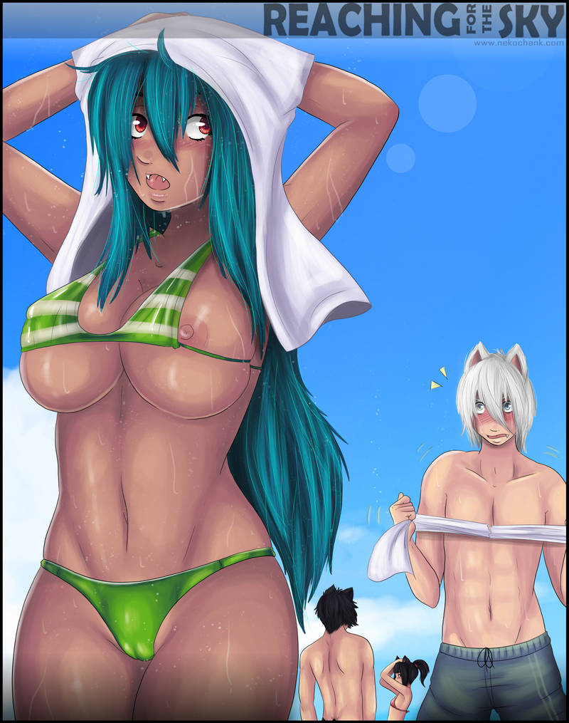 beach bikini blue_hair cameltoe catgirl nekochank nip_slip pussy_through_clothing red_eyes tan_skin wardrobe_malfunction