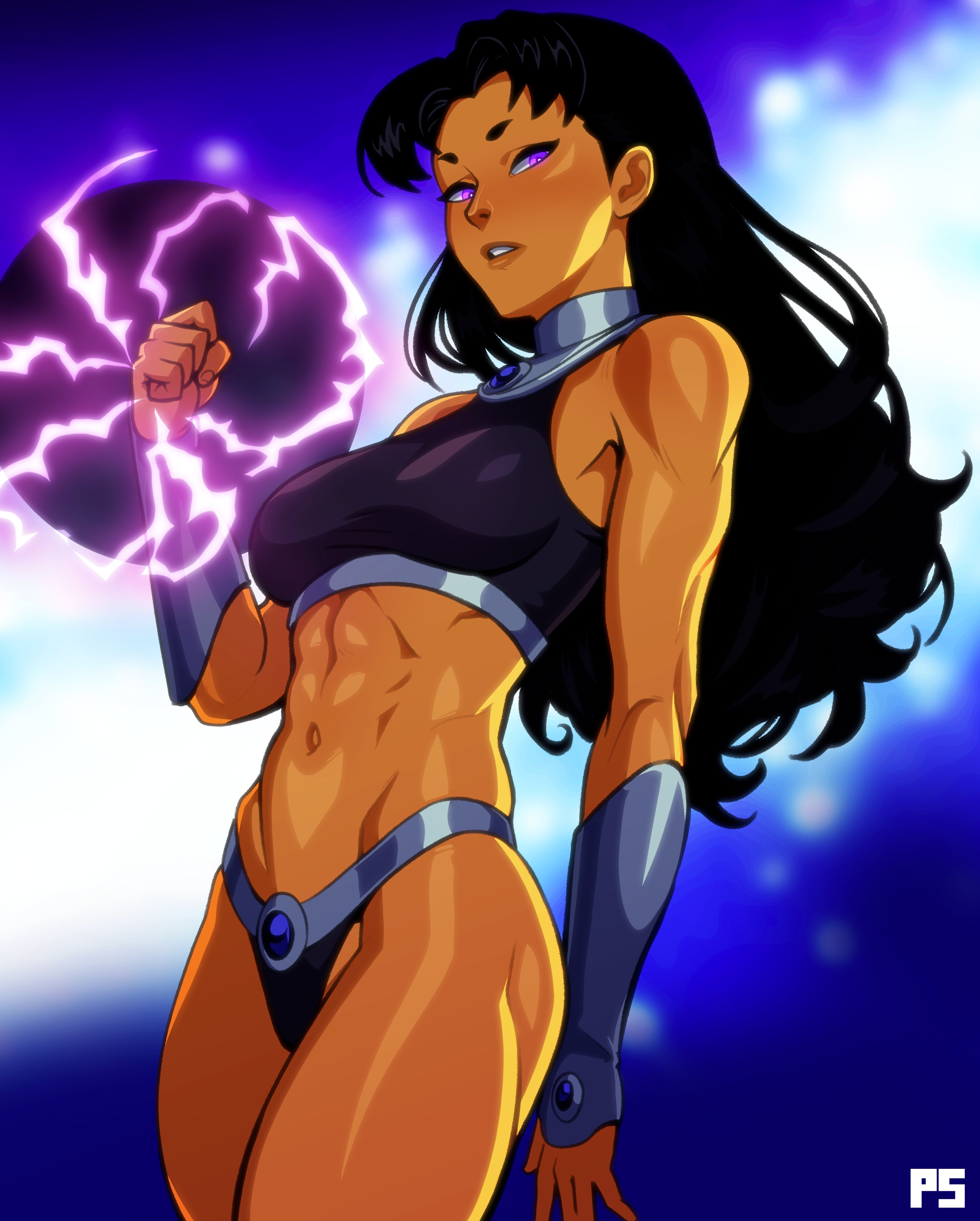 1girls, abs, absurd res, alien, alien girl, alien humanoid, blackfire, breasts, dc, dc comics, female, female focus, female only, looking at viewer, low-angle view, medium breasts, orange body, orange skin, pumpkinsinclair, purple hair, solo, solo female, solo focus, teen titans