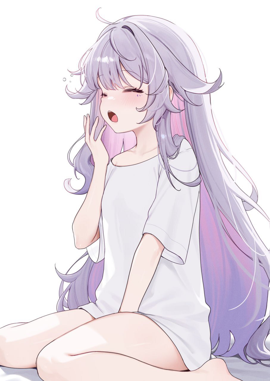 blush clothed cute grey_hair hair_ears hololive hololive_english hololive_english_-advent- knees_together_feet_apart koseki_bijou miyuchiq multicolored_hair no_sex on_bed oversized_shirt petite purple_hair sleepy tired wariza yawn