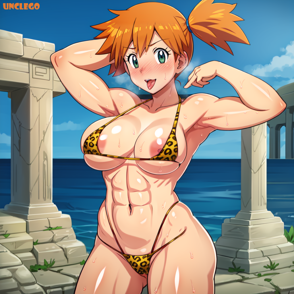 1girls abs ai_generated amazon arm_up big_breasts bikini bodybuilder breasts fit_female flexing_bicep ginger green_eyes kasumi_(pokemon) leopard_print leopard_print_bikini muscles muscular pokemon posing red_hair self_upload side_ponytail stable_diffusion sweat teen teenager tomboy tongue_out unclego