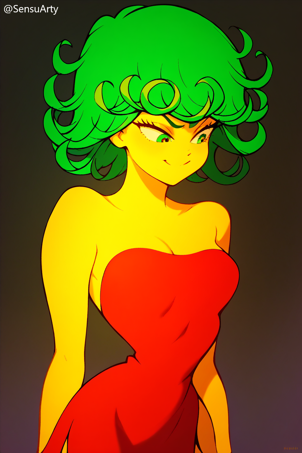 1girls ai_generated bare_arms bare_shoulders cute dress female female_only green_eyes green_hair one-punch_man red_dress sensuarty short_hair small_waist smaller_female solo strapless_dress tatsumaki