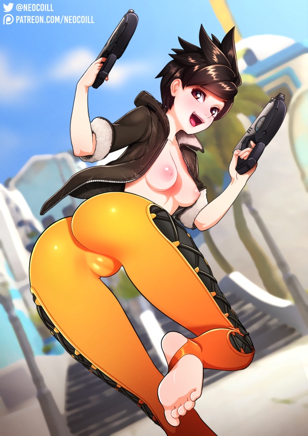 1girls, areolae, artist name, ass, barefoot, breasts, brown eyes, brown hair, cameltoe, casual, feet, female, female only, firearm, from behind, gun, handgun, human, jacket, looking at viewer, looking back, neocoill, nipples, open jacket, open mouth, outdoors, overwatch, pussy, short hair, soles, solo, spiky hair, toes, tracer, weapon, web address