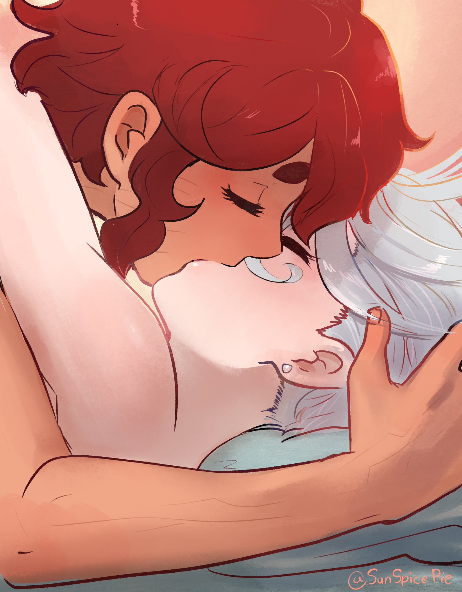 2girls, ahoge, artist name, artist signature, bed, canon couple, close-up, closed eyes, color, completely nude, curly hair, earrings, embrace, female, gradient background, gundam, gundam suisei no majo, hand on another's head, highres, kissing, lying, lying on back, lying on bed, married couple, miorine rembran, nude, pink background, red hair, scar, scars all over, suletta mercury, sunspicepie, watermark, white hair, wholesome, yuri