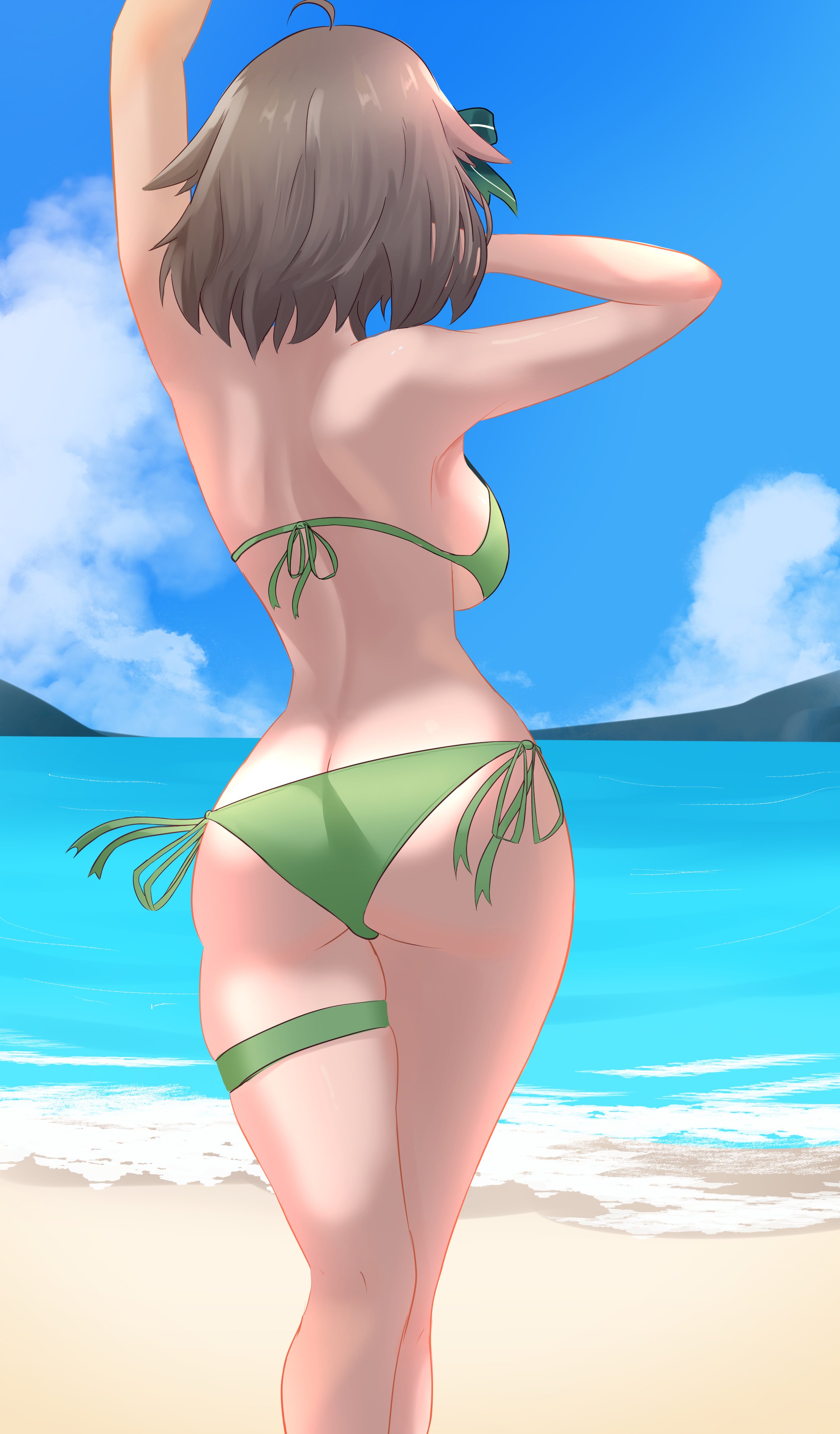 1girls, alternate costume, arms up, ass, back view, backboob, beach, bikini, bikini bottom, bikini top, bra, breasts, brown hair, clouds, day, estebaneishon1, female, female focus, female only, former idol corp member, green bikini, green bikini bottom, green bikini top, green swimsuit, high resolution, highres, idol corp, idol es, latam virtual youtuber, light skin, light-skinned female, meica, ocean, outdoors, revealing swimsuit, short hair, sky, slim female, solo, solo female, solo focus, standing, summer, swimsuit, thong, thong bikini, two piece swimsuit, virtual youtuber, vtuber, water, young, younger female