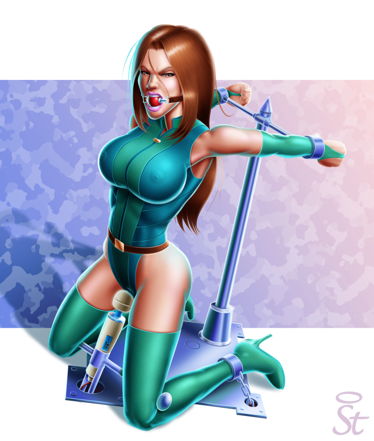 angry, ball gag, bondage, boots, bound, bound ankles, bound wrists, bound-to-please, breasts, erect nipples, female, forced orgasm, gag, gagged, high heel boots, kneeling, large breasts, nipples, red ball gag, restrained, solo, thighhighs, transparent clothing, upset, vibrator