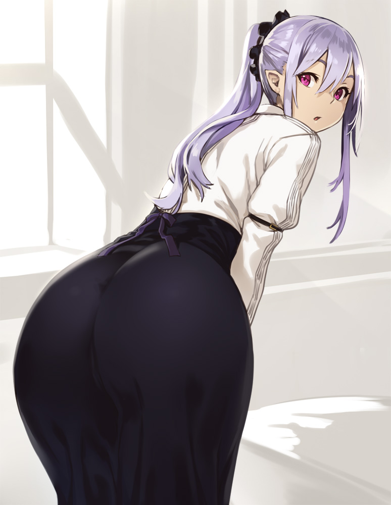 ass, bent over, elf, female, female only, from behind, hair ornament, high-waist skirt, houtengeki, indoors, long hair, long sleeves, looking back, open mouth, original, pointy ears, ponytail, purple eyes, purple hair, scrunchie, skirt, solo