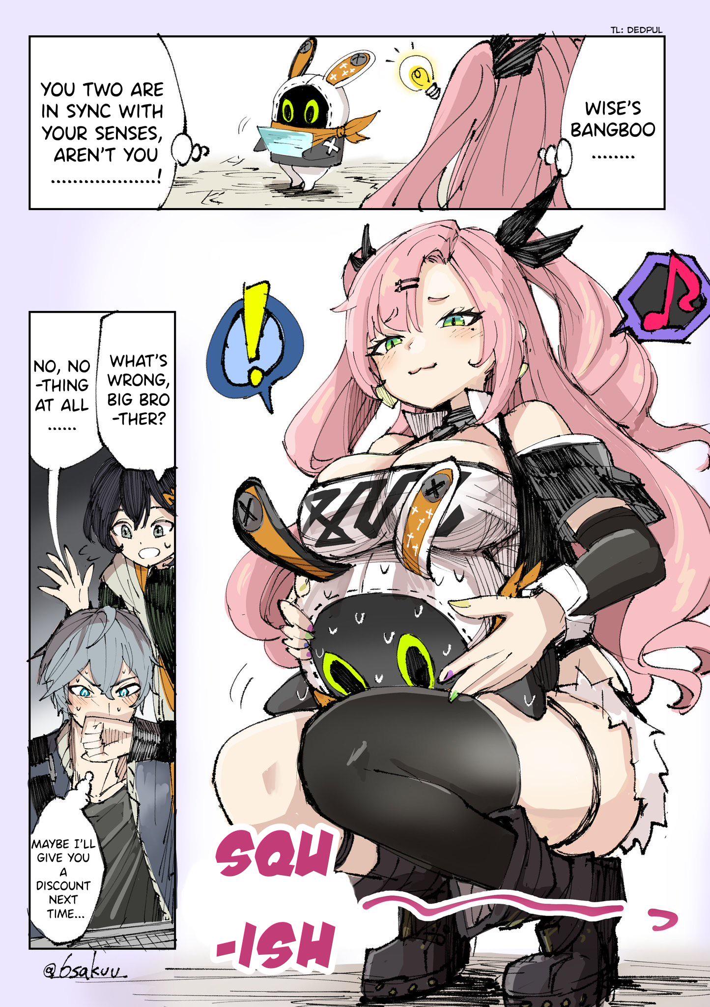 1boy, 2girls, bangboo (zenless zone zero), belle (zenless zone zero), blue hair, blush, brother and sister, bsakuu (artist), english text, female, green eyes, grey hair, highres, hoyoverse, light skin, light-skinned female, light-skinned male, male, mihoyo, nicole demara, pink hair, short hair, text, text bubble, wise (zenless zone zero), zenless zone zero