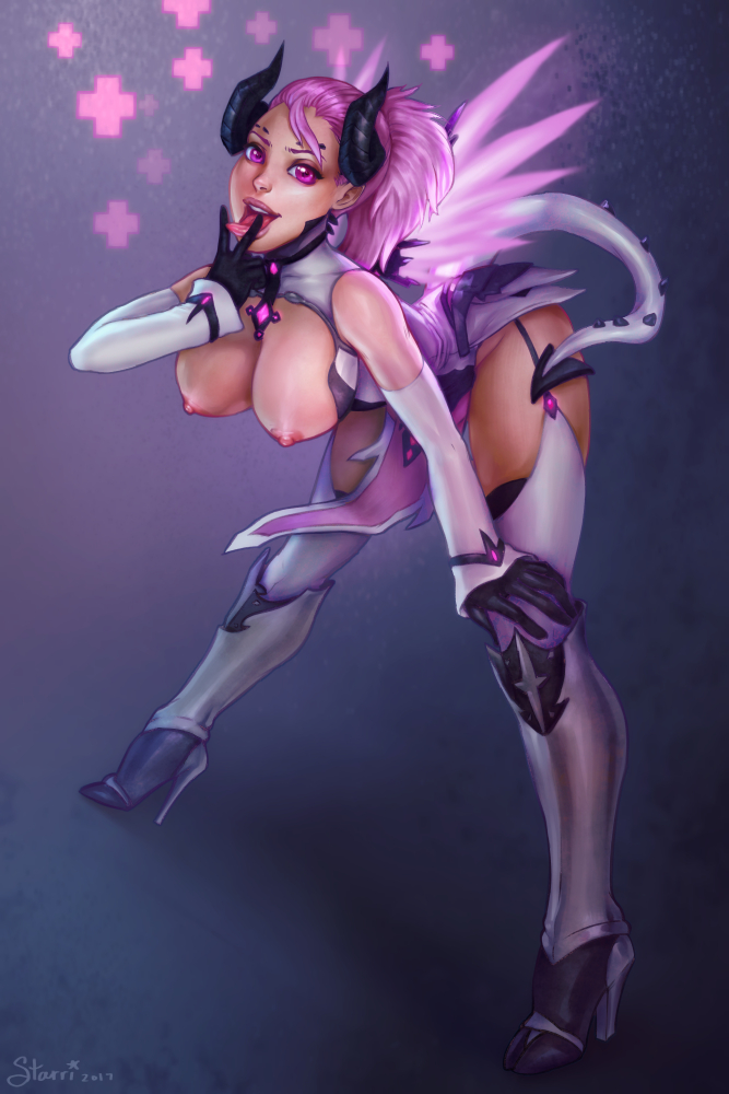 1girls alternate_costume areolae blizzard_entertainment breasts demon_girl demon_tail eyelashes eyeshadow female female_only healing horns imp_mercy light-skinned_female looking_at_viewer mercy nipples open_mouth overwatch pale_skin purple_eyes purple_hair purple_lipstick slim solo starri tied_hair tongue tongue_out v