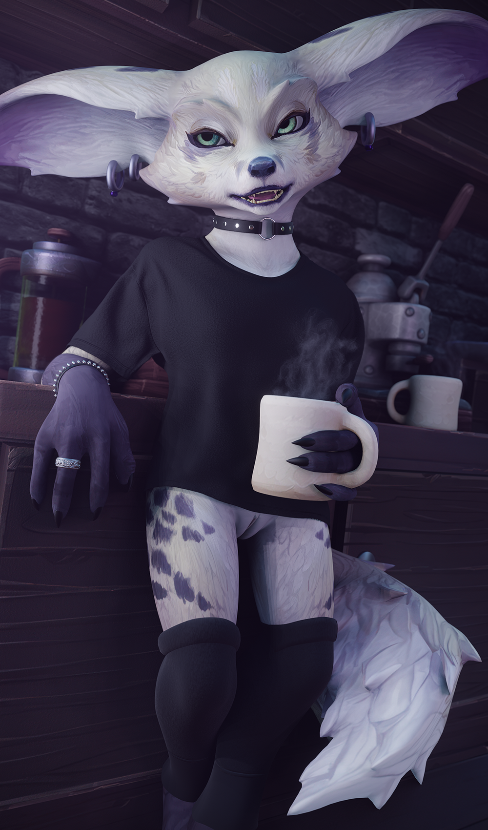 3d_(artwork) anthro beverage big_ears blizzard_entertainment blue_eyes bracelet canid canine choker claws clothed clothing coffee coffee_cup collar container cup digital_media_(artwork) ear_piercing ear_ring female fennec_fox floppy_ears footwear fox fur fur_markings genitals hi_res jewelry kitchen kitchen_counter kitchen_utensils legwear mammal markings necklace no_underwear oversized_clothing peeks_(vulpera) piercing pussy resting_bitch_face ring ring_piercing shirt socks solo solo_focus standing steaming_cup stockings tail tail_markings teeth tools topwear true_fox vixenpeeks vulpera warcraft