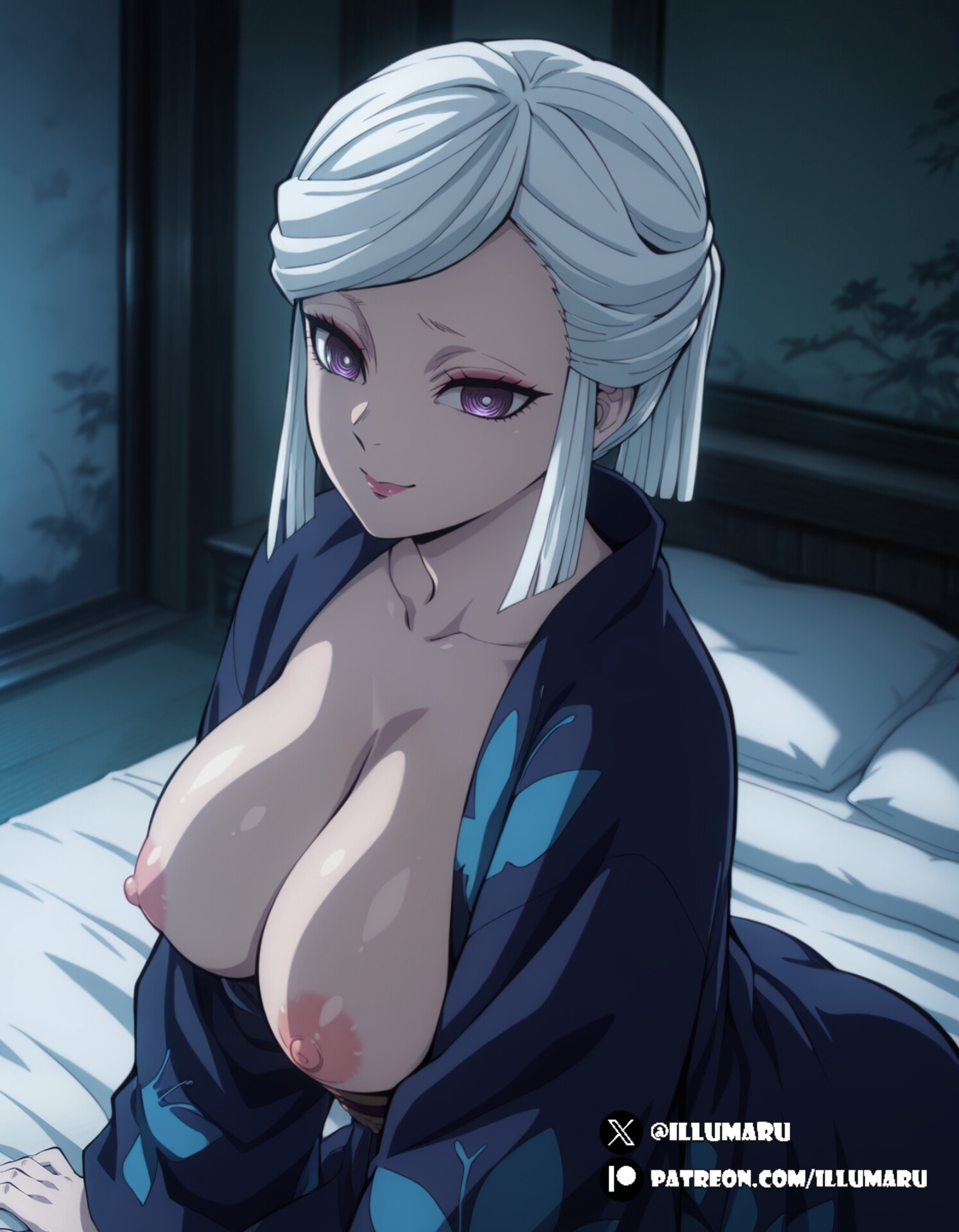 1girls, 2025, ai generated, breasts, cameltoe, cute, demon slayer, detailed, female, female only, hi res, illumaru, kimetsu no yaiba, kimono, large breasts, looking at viewer, medium breasts, night, patreon username, purple eyes, pussy, stable diffusion, ubuyashiki amane, white hair