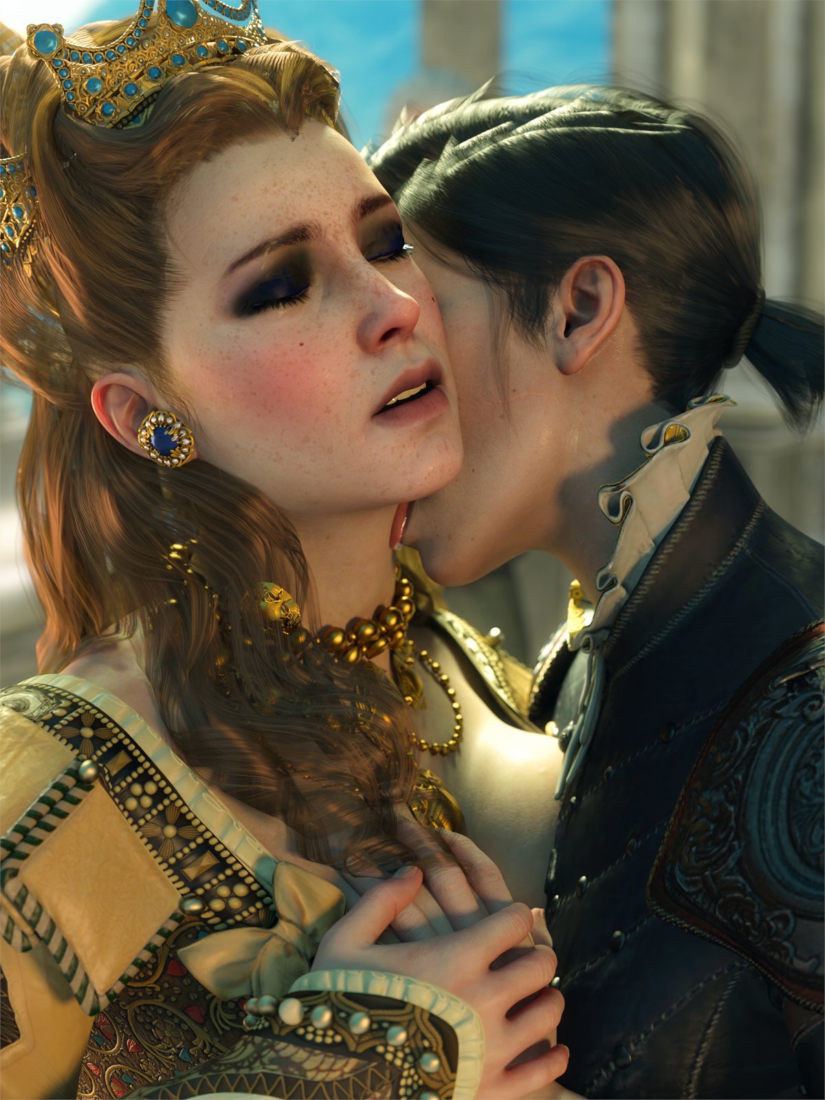 2girls, 3d, anna henrietta, black hair, blonde hair, breast, breast grab, breast to breast, cd projekt red, closed eyes, clothing, crown, dress, earrings, female, incest, kissing, licking, licking neck, light skin, light-skinned female, mascara, sisters, syanna, the witcher (series), the witcher 3: wild hunt, word2, yuri