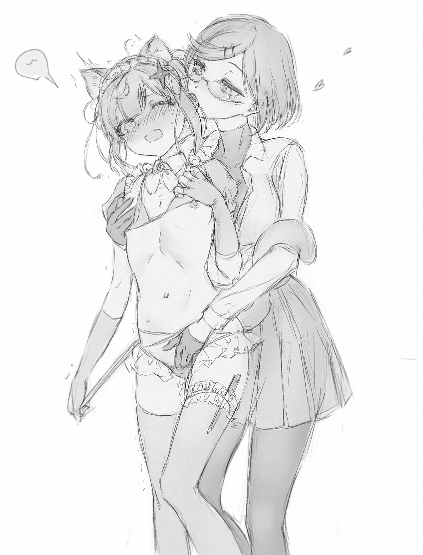 2girls, animal ears, bikini, bikini top lift, biting, biting ear, blush, breasts, cat ears, cat tail, chinese commentary, clothes lift, commentary request, cute fang, elbow gloves, female, fingering, glasses, gloves, greyscale, koga konoha, kusagakure satoko, lesbian sex, long hair, maid, maid bikini, monochrome, multiple females, multiple girls, ninja to koroshiya no futarigurashi, nipples, one eye closed, open mouth, pantyhose, pleated skirt, reach-around, short hair, skirt, small breasts, stringtheoryszn, swimsuit, tail, thighhighs, unconventional maid, yuri