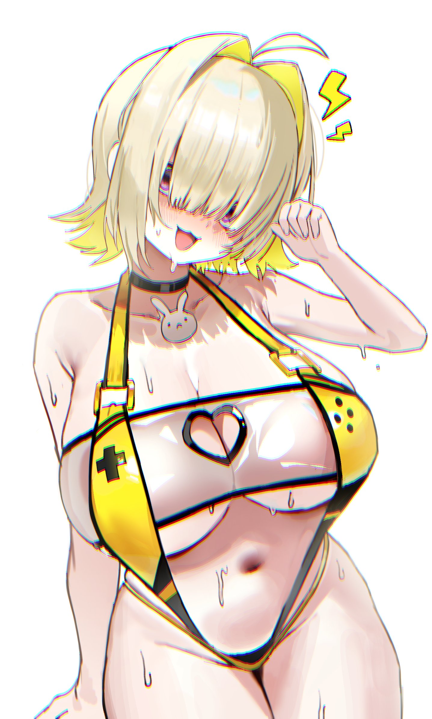 :3, 1girls, ahoge, armpit crease, bikini, black choker, blonde hair, blush, breasts, choker, chromatic aberration, cleavage, cleavage cutout, clothing cutout, collarbone, cowboy shot, elegg (boom and shock) (nikke), elegg (nikke), female, goddess of victory: nikke, groin, hair intakes, hair over eyes, highres, karas (10 9), large breasts, navel, official alternate costume, open mouth, purple eyes, simple background, slingshot swimsuit, solo, sweat, swimsuit, white background, yellow bikini