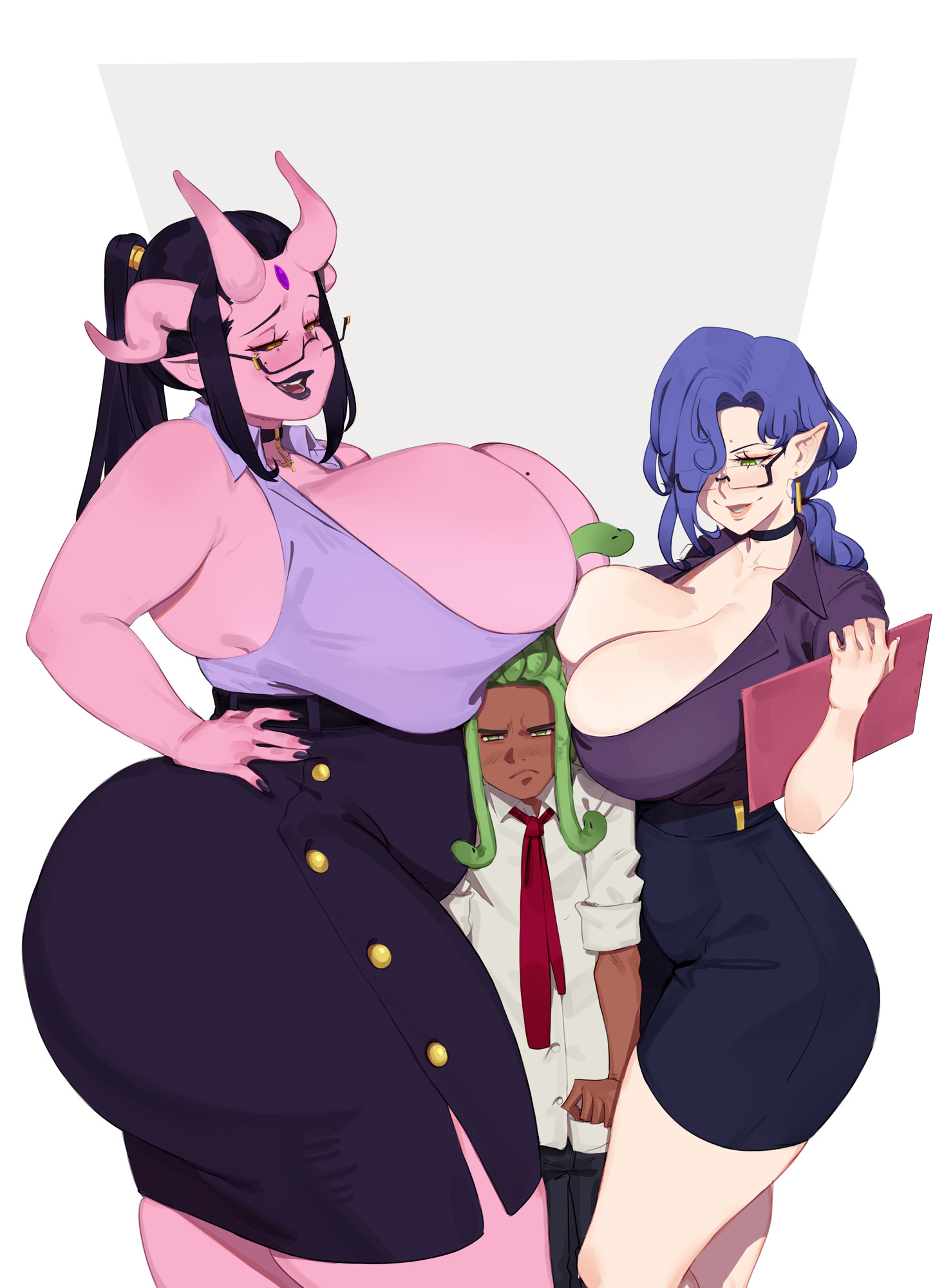 1boy, 2girls, 3 characters, 4 horns, bbw, beauty mark, belly, belt, big breasts, black hair, black lips, black lipstick, black nails, black sclera, blue hair, boob hat, boobs on head, breast rest, breast squish, breasts, breasts on head, choker, chubby, cleavage, commission, curvy, damndani (vtuber), dark-skinned male, demon, double breast smother, dress shirt, earring, earrings, fat ass, female, femboy, fi gorgo (vtuber), forehead jewel, frown, frowning, glasses, gold earrings, gold hair ornament, gorgon, green eyes, green hair, hair over one eye, hand on hip, height difference, high ponytail, holding folder, horns, huge breasts, illboxart, indie virtual youtuber, indie vtuber, large ass, large breasts, looking at another, looking down, low ponytail, male, milf, mole, mole on breast, mole on cheek, monster boy, monster girl, multiple characters, multiple females, multiple girls, office lady, oni, pencil skirt, plump, pointy ears, ponytail, purple hair, red tie, rolled up sleeves, round ass, sandwich position, sandwiched, short sleeves, shorter male, sidelocks, simple background, skindentation, skirt, sleeveless, smug, smug female, succubus, tagme, tagme (character), taller female, thick, thick ass, thick thighs, thighs, unbuttoned, unbuttoned shirt, virtual youtuber, vtuber, wide hips, yellow eyes
