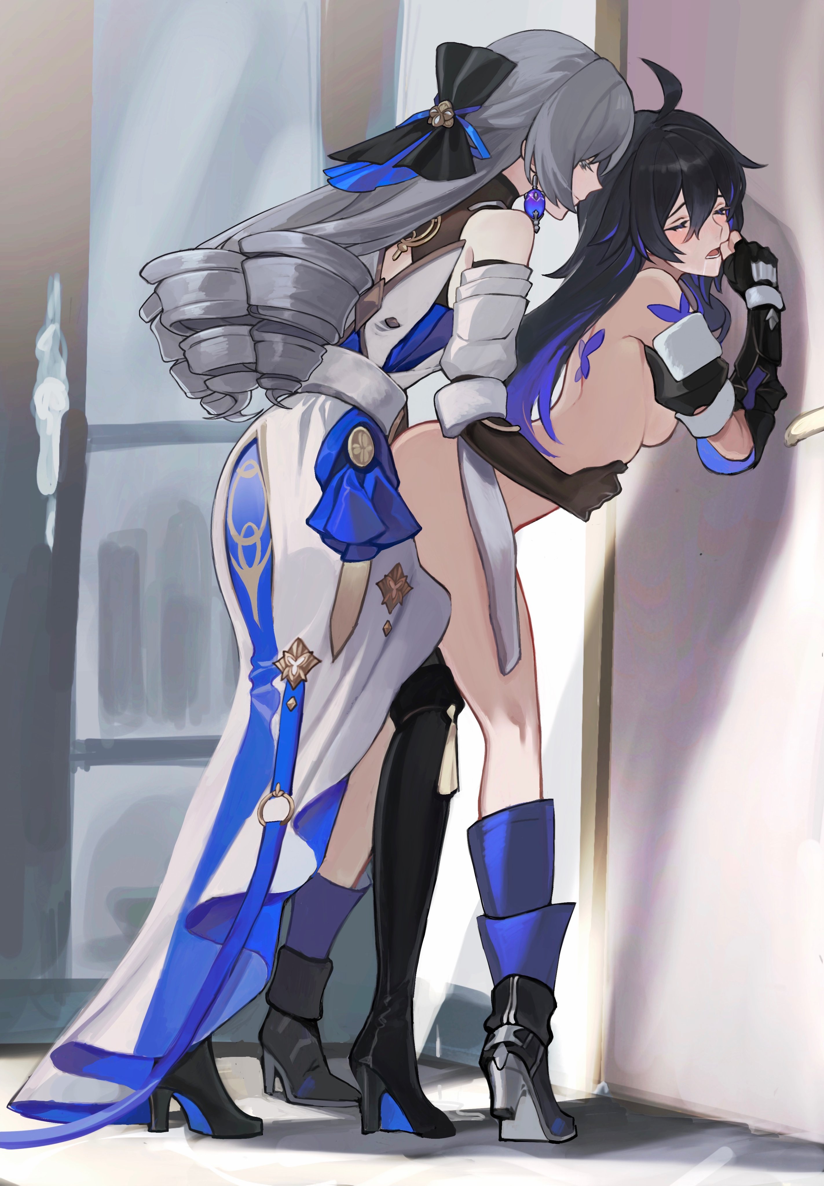 bronya rand, clothed, clothed sex, clothes, clothing, dickgirl, dominant female, female, female focus, futanari, heels, honkai (series), honkai: star rail, implied futa, implied penetration, implied sex, intersex, larger female, long hair, mie xing, sakana12767306, seele (honkai: star rail), shorter female, smaller female, submissive female, taller female, yuri