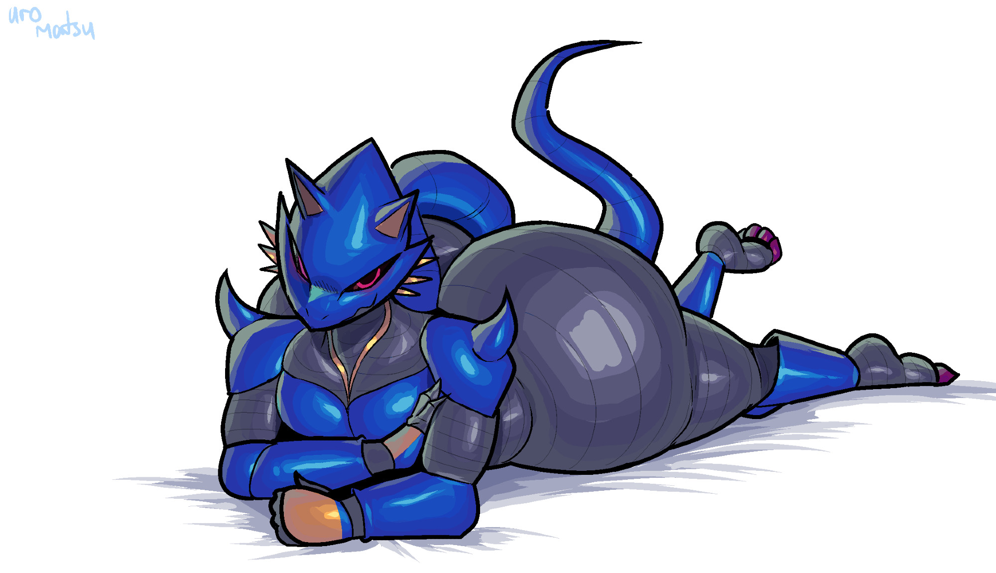 big ass, blue body, bubble butt, fat ass, femboy, kraid bot, laying on stomach, looking at viewer, male, male only, metal sonic, robot, scalie, simple background, tail, uromatsu