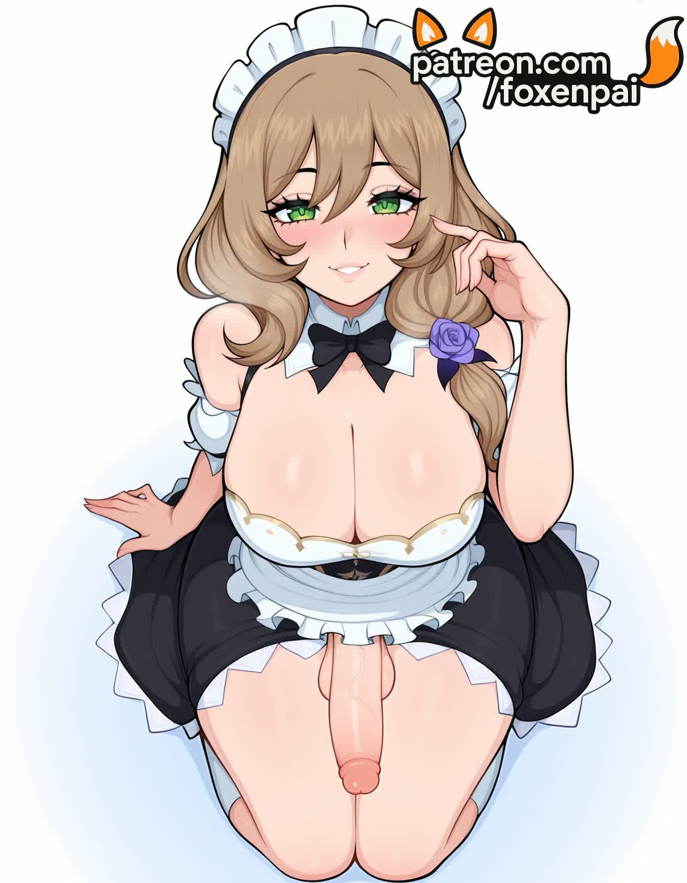 1futa, 2025, ai generated, apron, artist name, big breasts, big chest, blue flower, blush, breasts, brown hair, bust, busty, chest, cleavage, cock, dick, dress, erection, eyebrows visible through hair, flower, foxenpai, futanari, genderswap (ftm), genshin impact, green eyes, hi res, high quality, high resolution, highres, large breasts, lisa (genshin impact), long hair, looking at viewer, maid, maid headdress, otoko no ko, patreon, patreon username, penis, purple flower, purple rose, rose, smile, solo, stable diffusion, testicles, uncensored, waist apron, watermark, white apron, white legwear