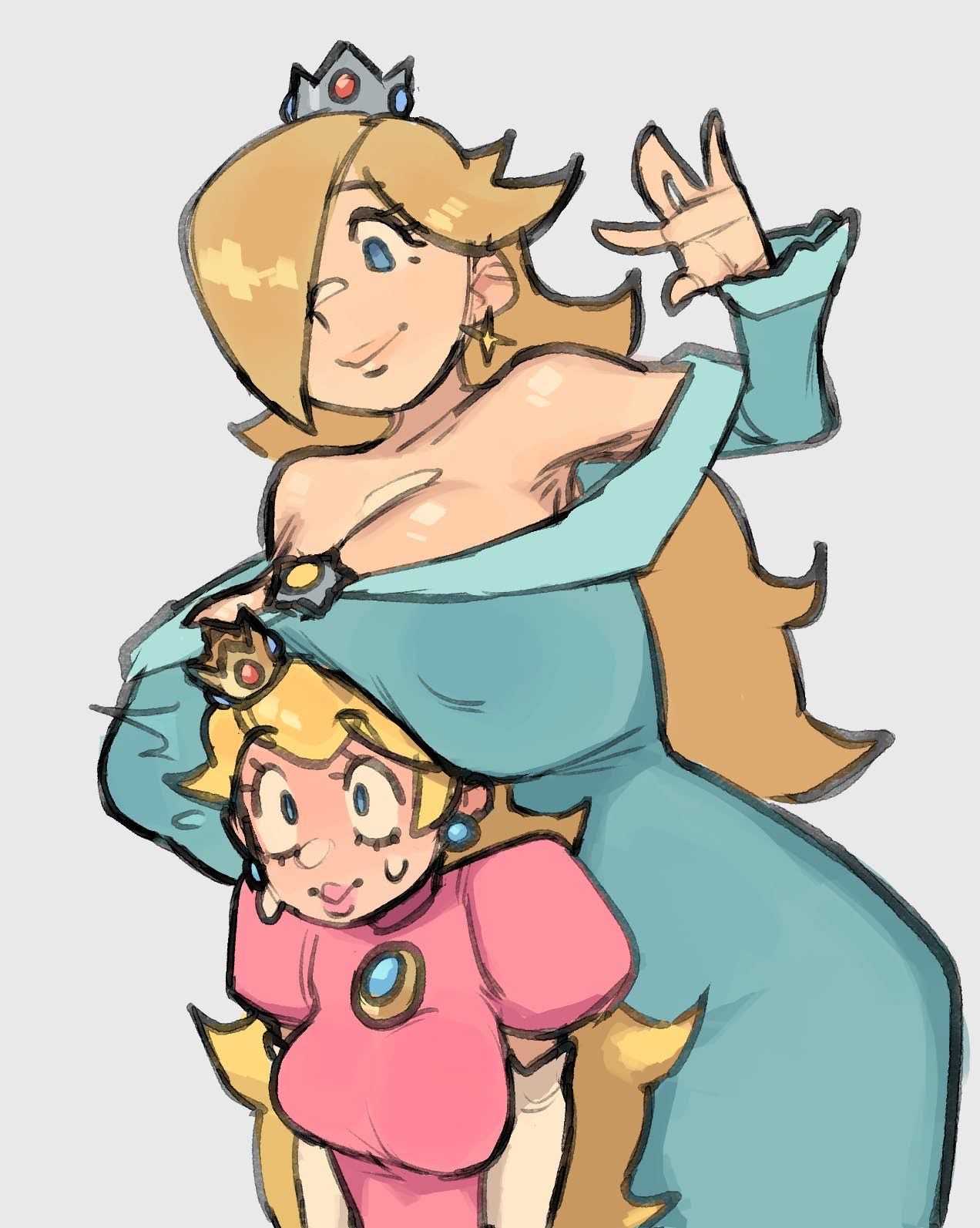 2girls, alternate breast size, aqua dress, bare shoulders, blonde hair, blue dress, blue eyes, breast envy, breast rest, breasts, breasts on head, brooch, cleavage, closed mouth, clothing, covered nipples, crown, dress, earrings, elbow gloves, female, gloves, hair over one eye, hand up, headwear, height difference, huge breasts, jewelry, large breasts, lips, long hair, long sleeves, mario (series), medium breasts, multiple girls, off shoulder, off-shoulder dress, one eye covered, pink dress, pink lips, princess peach, princess rosalina, puffy short sleeves, puffy sleeves, ruka481, short sleeves, size difference, smile, star (symbol), star earrings, super mario bros., super mario galaxy, sweat, sweatdrop, white gloves, wide-eyed, yuri