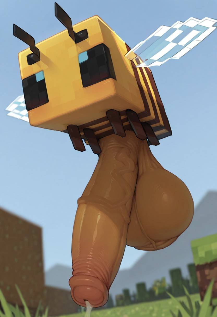 ai, ai generated, antennae (anatomy), ball with hyper features, balls, bee, bee (minecraft), block head, blocky body, cum dripping from penis, disproportionate genitalia, foreskin, huge balls, huge cock, hyper penis, insects, large penis, long penis, low hanging balls, male, minecraft, mojang, penis, sagging balls, scrotum, small but hung, solo, stinger, stinger penis, uncircumcised, veiny penis, wings