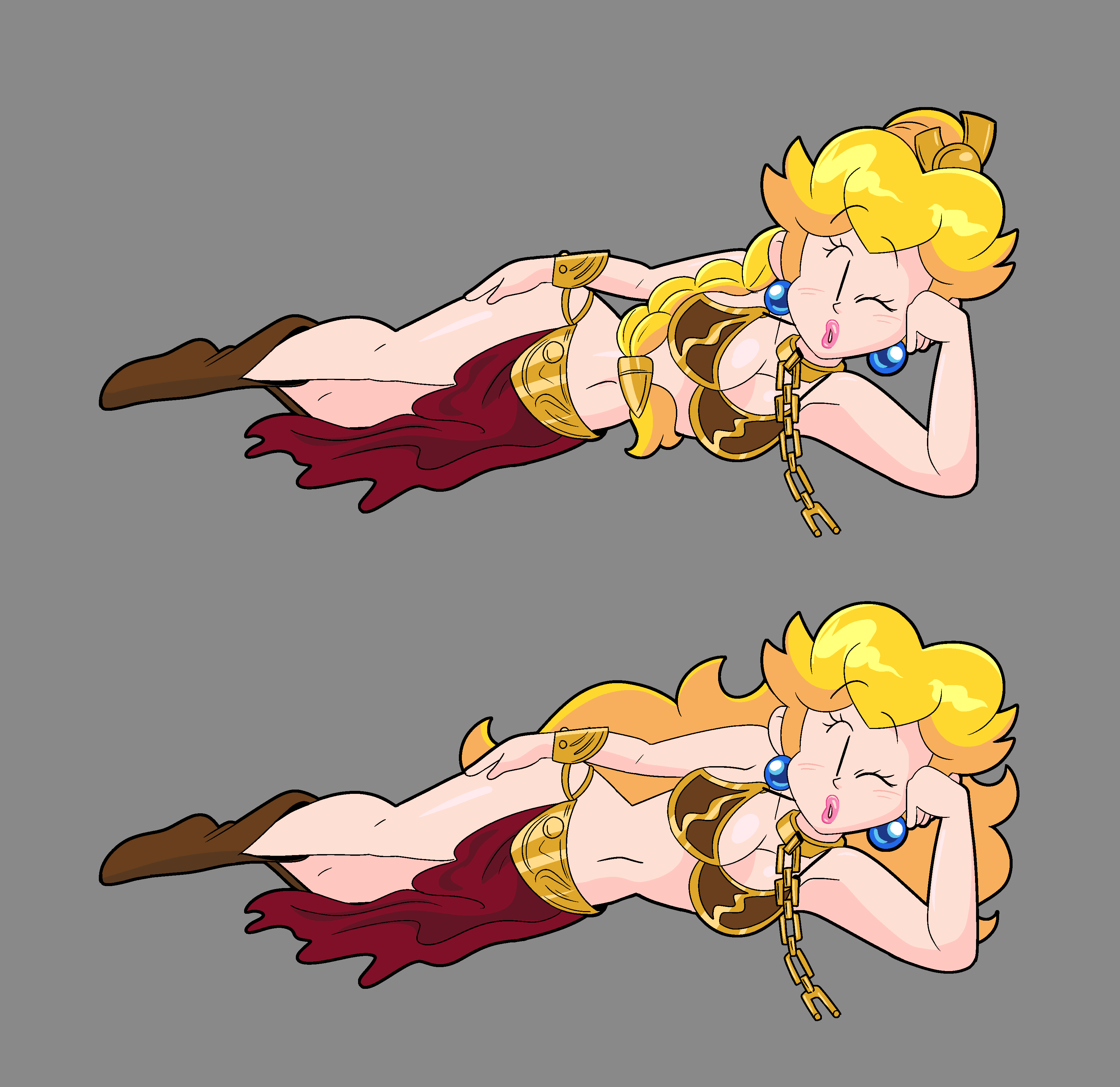 1girls, big lips, blonde hair, braided hair, breasts, chain leash, cleavage, collar, crossover cosplay, earrings, female, funnyhoohooman, hand on hip, large breasts, long hair, lying on side, mario (series), nintendo, pink lipstick, princess peach, sensual pose, slave bikini, slave collar, slave girl, slave leia (cosplay), slave outfit, star wars, super mario bros., voluptuous, winking at viewer