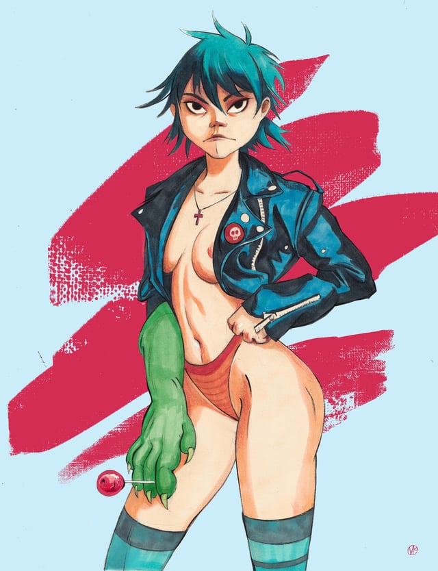 big breasts, breasts, casual, clothing, female, gorillaz, human, leather jacket, lollipop, nipple slip, nipples outside, noodle (gorillaz), outerwear, pale skin, red underwear, stockings, sucker, tagme, thong, topless, topless female, underwear