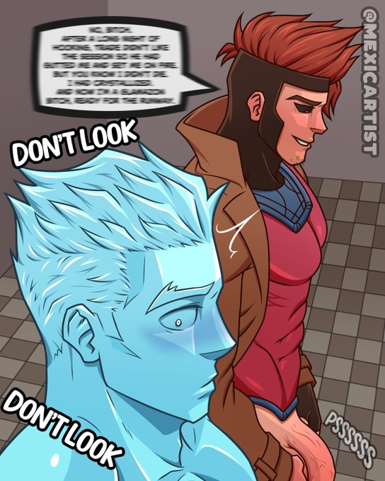2boys, black sclera, blurry, blush, bobby drake, checkered floor, gambit, ice, iceman, looking away, male, male only, marvel, marvel comics, mexicartist, onomatopoeia, peeing, penis, red eyes, red hair, remy lebeau, speech bubble, veiny penis