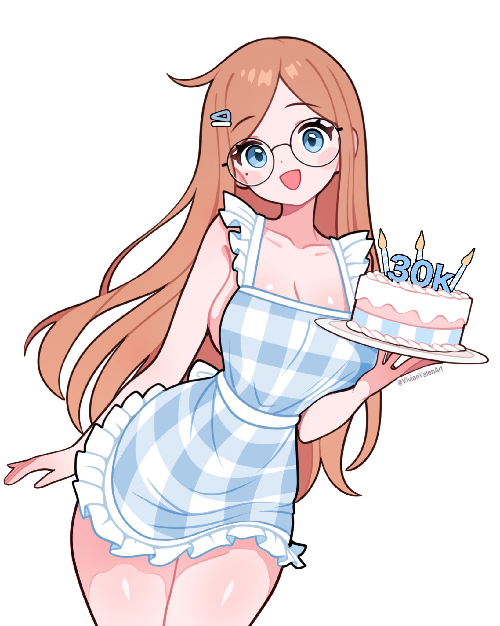 1girls, apron, blue eyes, breasts, brown hair, cake, cleavage, female, glasses, hairclip, large breasts, long hair, looking at viewer, mole under eye, naked apron, round glasses, smiling at viewer, thighs, vivianvalenart