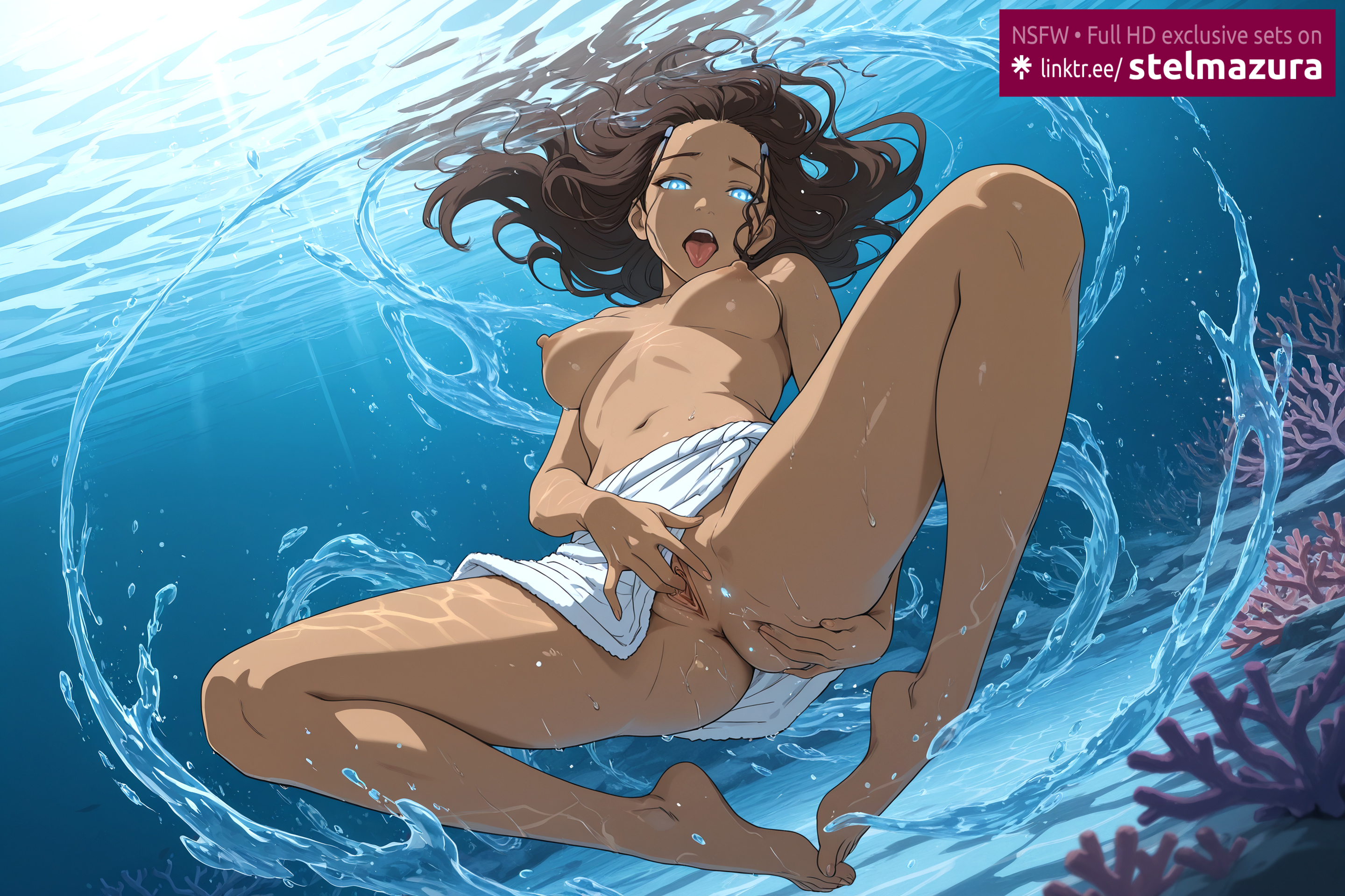 1girls, ahe gao, ai assisted, ai generated, air bubble, avatar the last airbender, barefoot, blue eyes, breasts, breasts apart, brown hair, bubble, coral, dark skin, dark-skinned female, female, female masturbation, female only, floating hair, katara, long hair, looking at viewer, masturbation, medium breasts, navel, nickelodeon, nicktoons, nipples, open mouth, pussy, solo, spread legs, spread pussy, stelmazura, tongue, tongue out, topless, uncensored, underwater, water